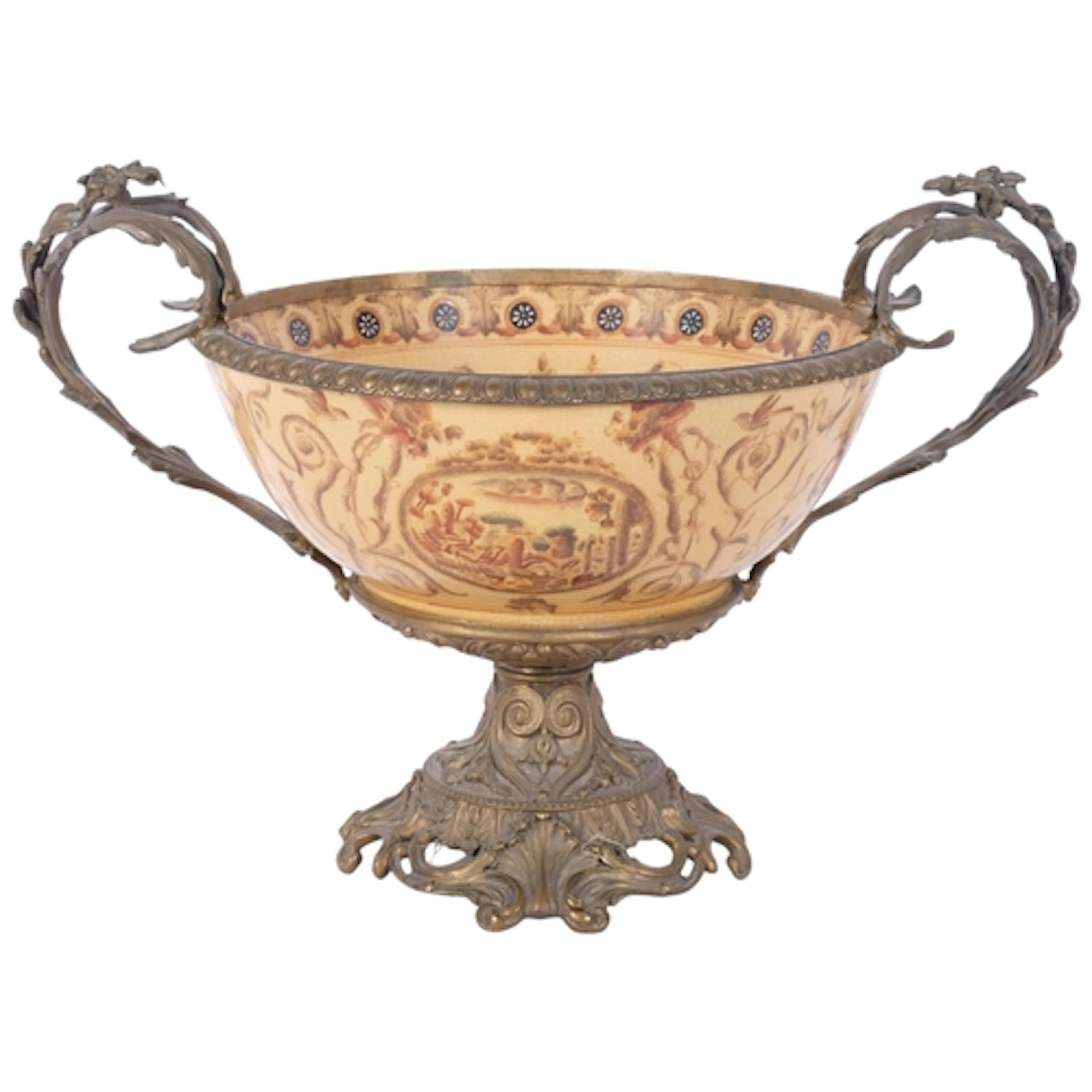 A large Maiolica comport, with cast and pierced brass mounts...