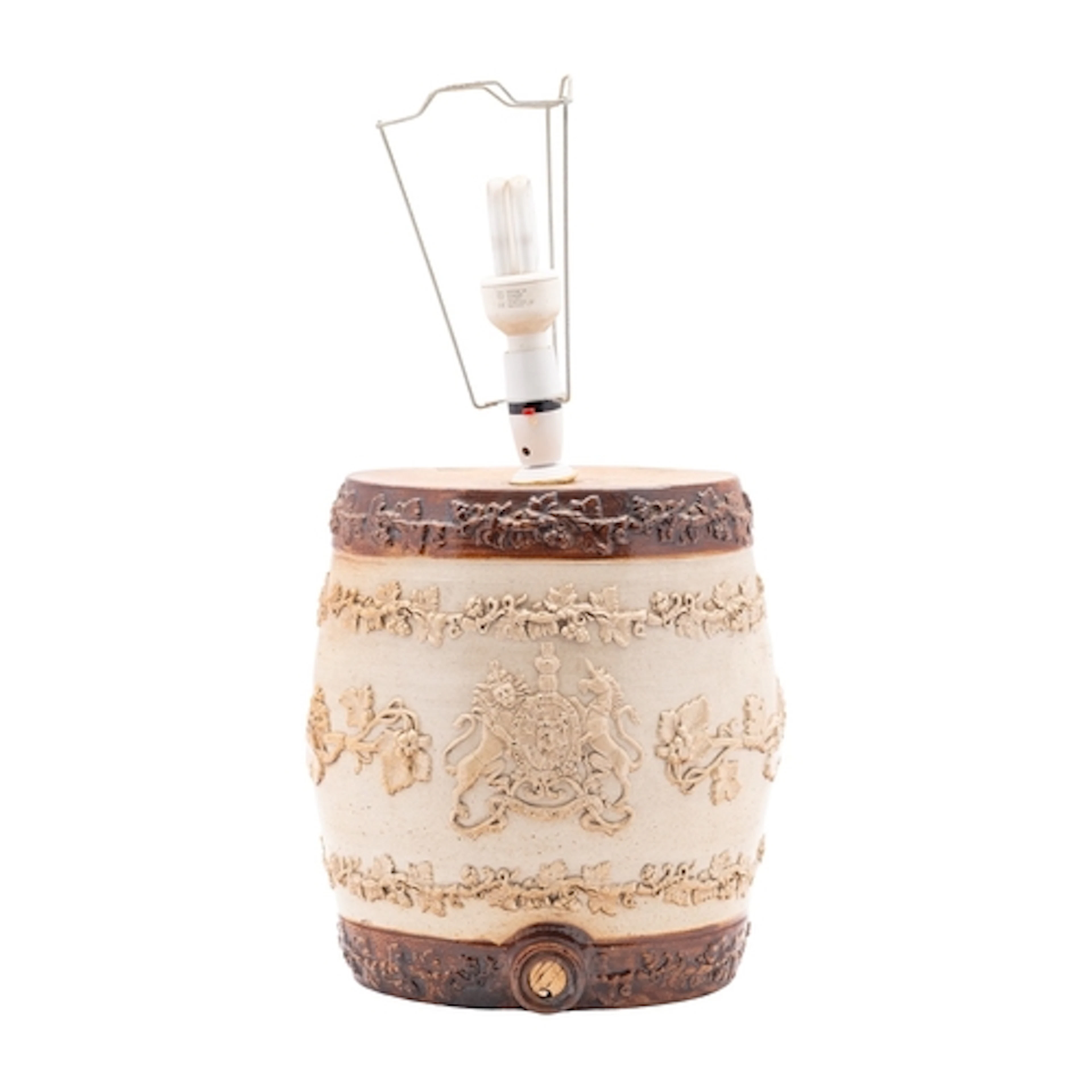 A late 19th century salt-glazed stoneware spirit barrel appl...