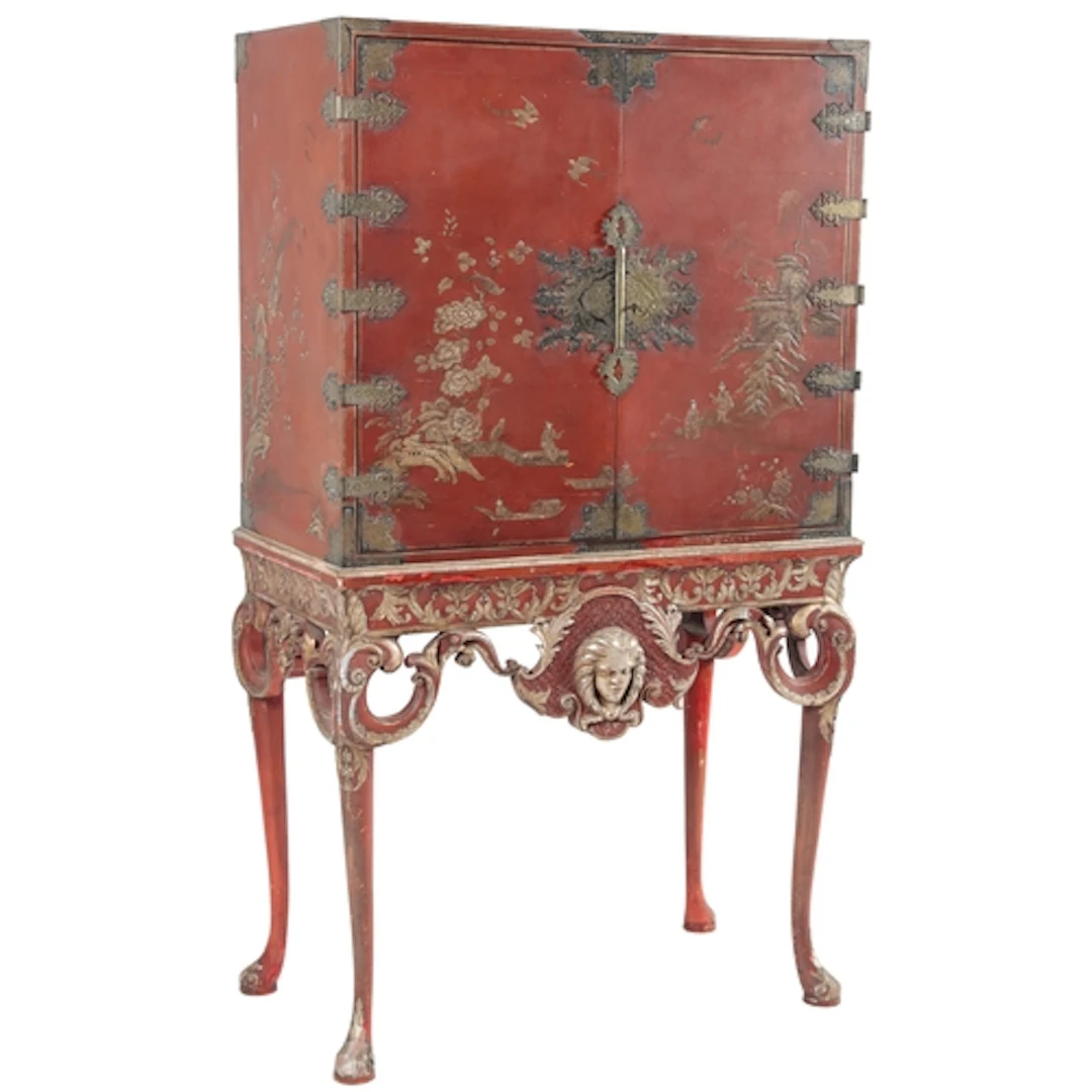 A George I style Chinoiserie decorated red japanned cabinet ...