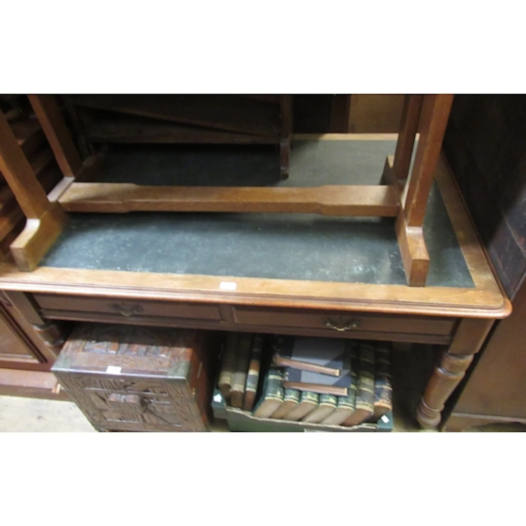 Victorian mahogany library table, having green Rexine top an...