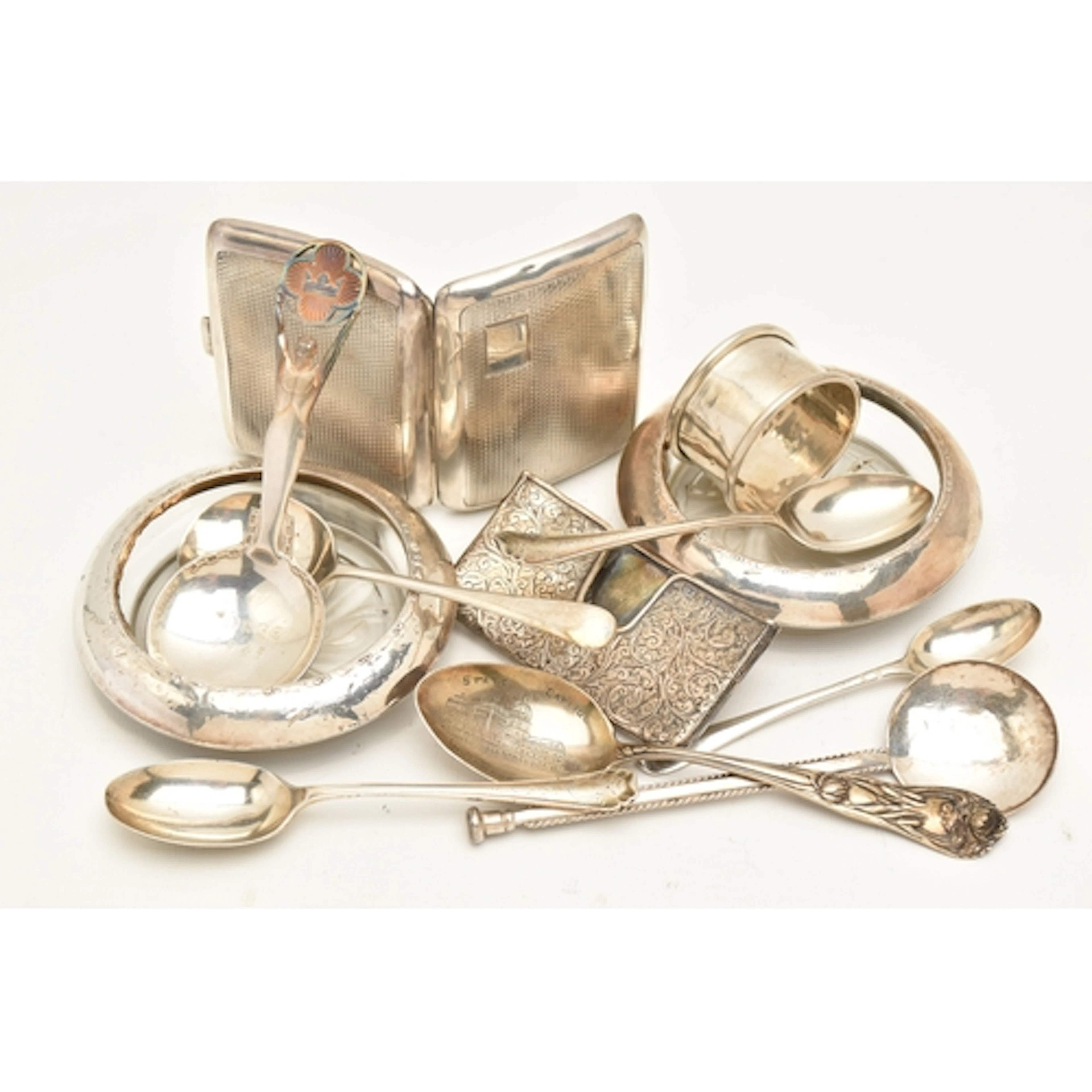 A SMALL PLASTIC BOX OF ASSORTED SILVER ITEMS, to include fiv...
