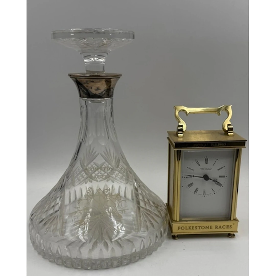 Horse racing interest. Two horse racing trophies a decanter ...