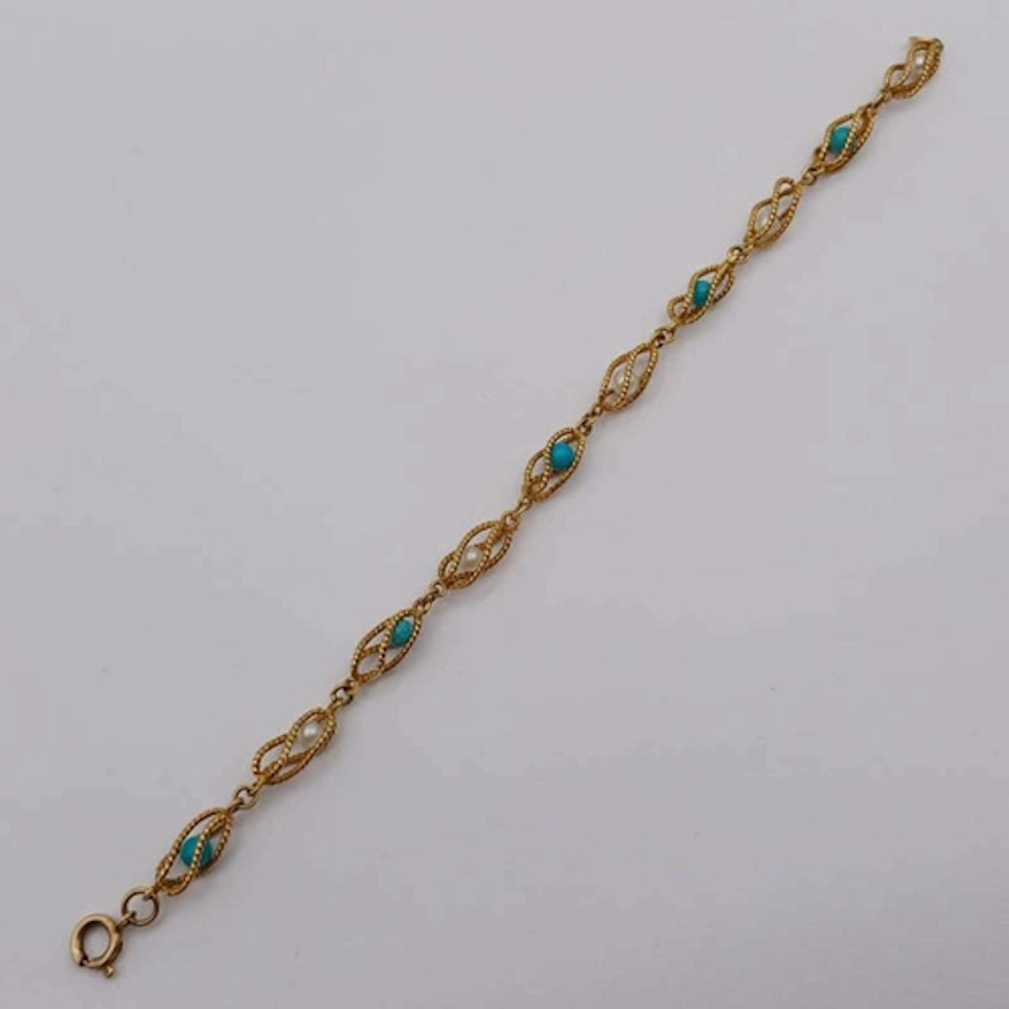 9CT GOLD ROPE TWIST PEARL & AMAZONITE BRACELET - 19CM LONG, ...