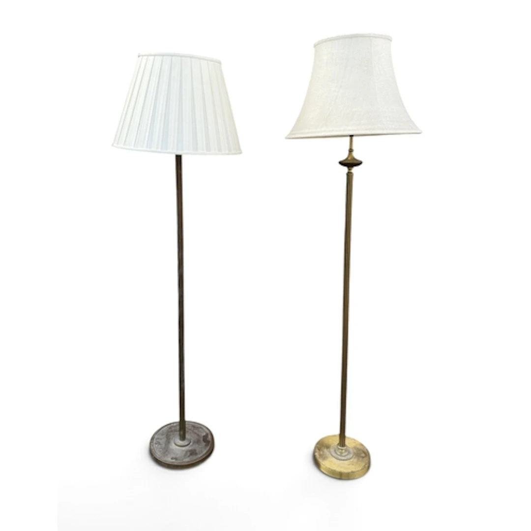 TWO BRASS STANDARD LAMPS Each with shades. 160cm H (largest)...