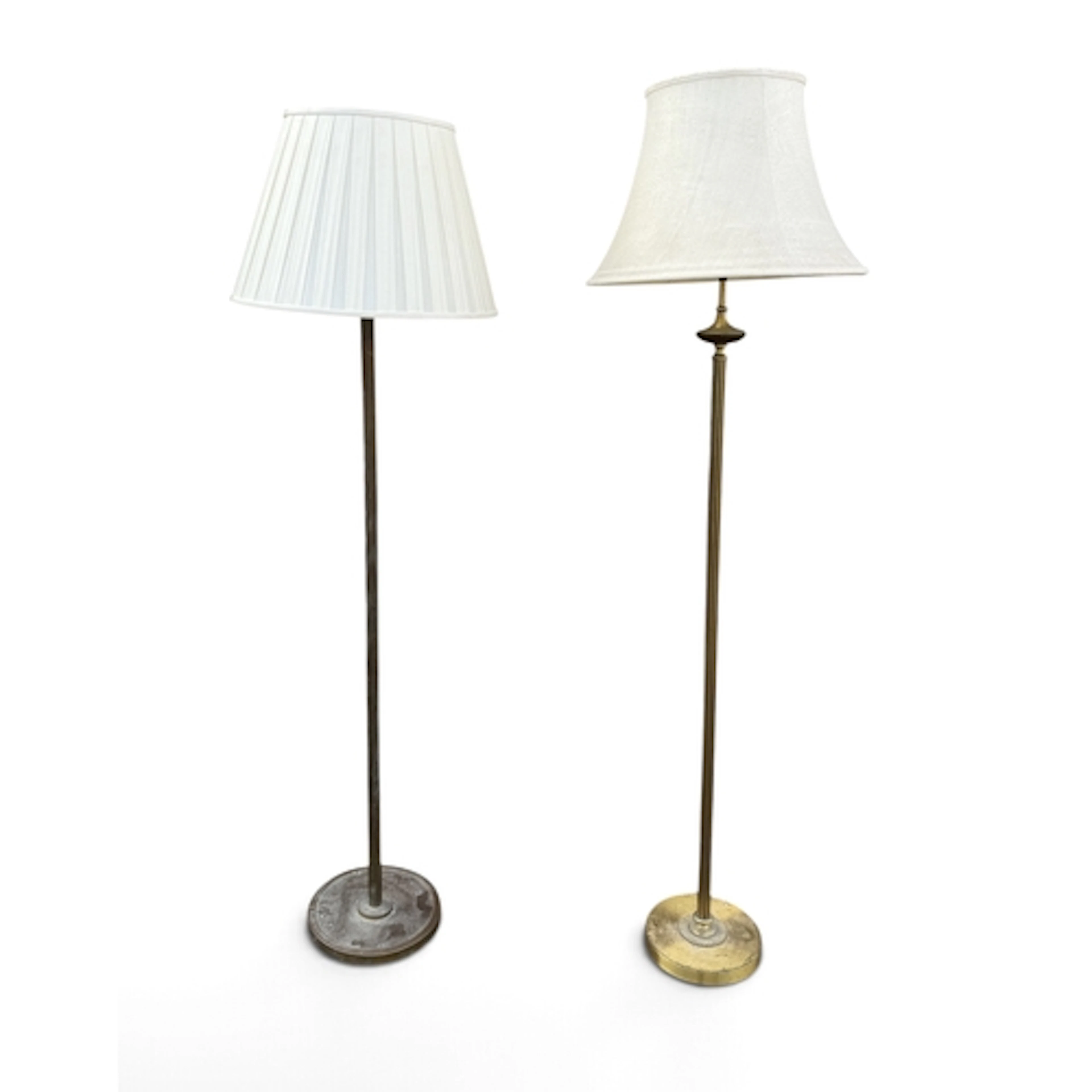 TWO BRASS STANDARD LAMPS Each with shades. 160cm H (largest)...