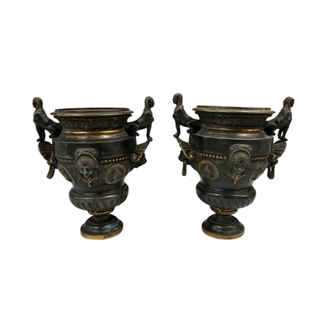 Pair of 19th century Egyptian Revival classical bronze urns ...