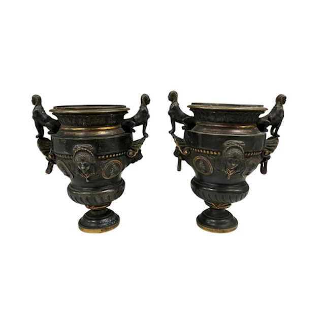 Pair of 19th century Egyptian Revival classical bronze urns ...