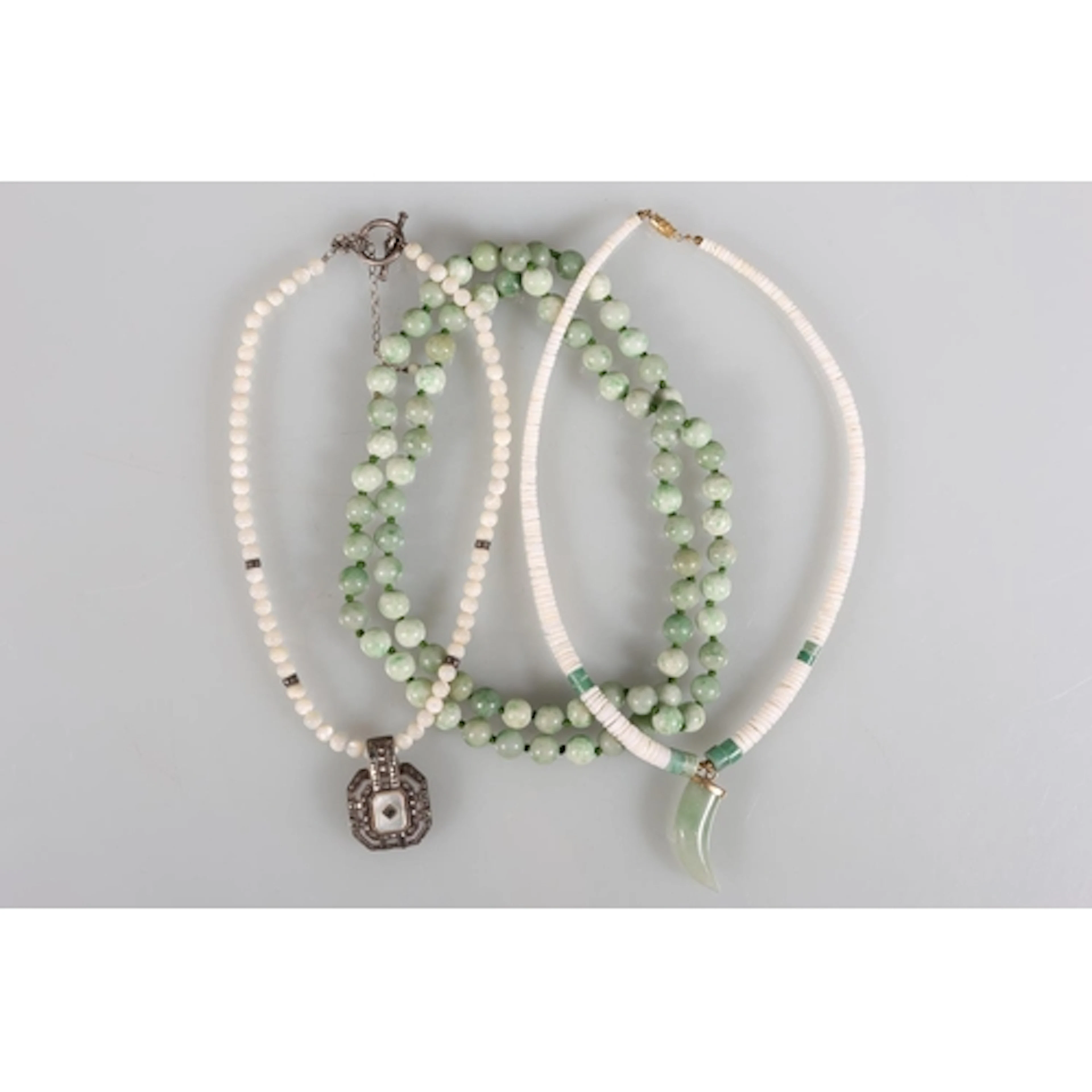 White hardstone bead necklace with silver pendant stamped 'F...