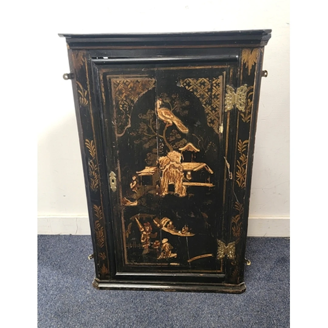 VINTAGE BLACK LACQUER CHINOISERIE WALL-MOUNTING CORNER CABIN...