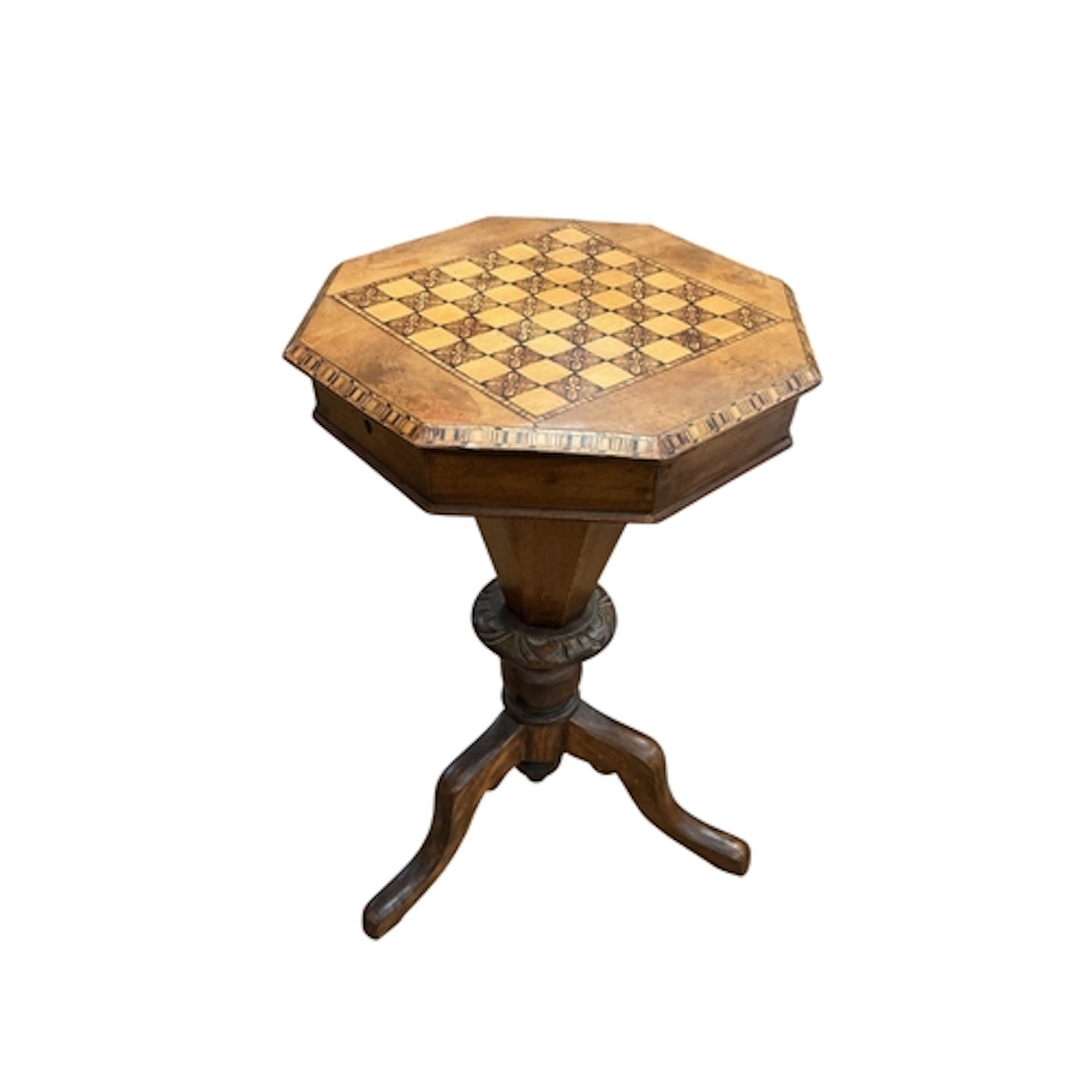 A 19th century inlaid walnut trumpet games table/work table,...