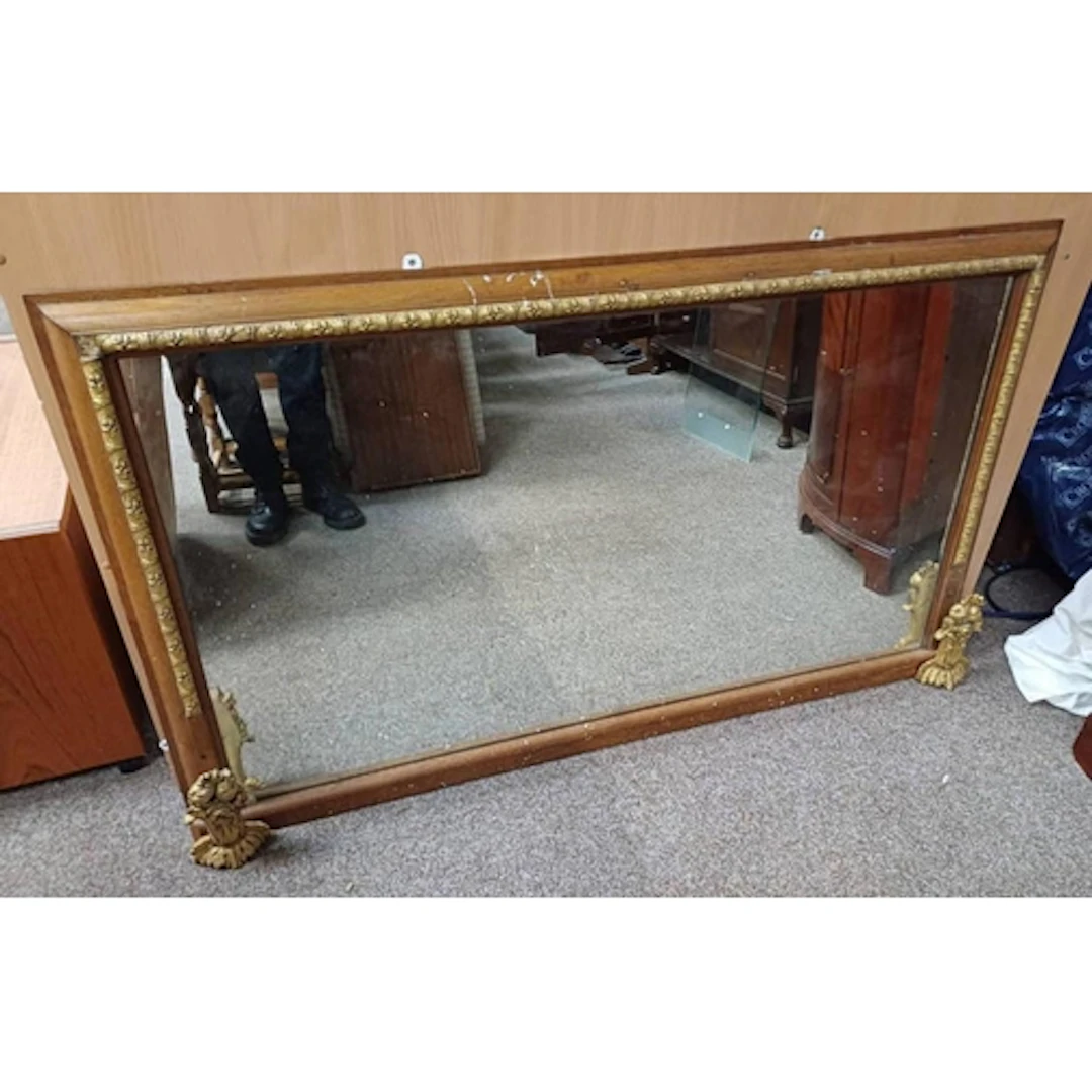 19TH CENTURY OAK FRAMED OVERMANTLE MIRROR WITH FLORAL GILT C...
