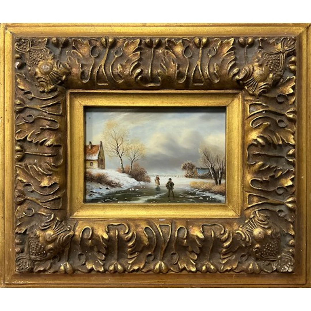 Dutch school The Frozen River oil on panel 11.5cm x 16.5cm