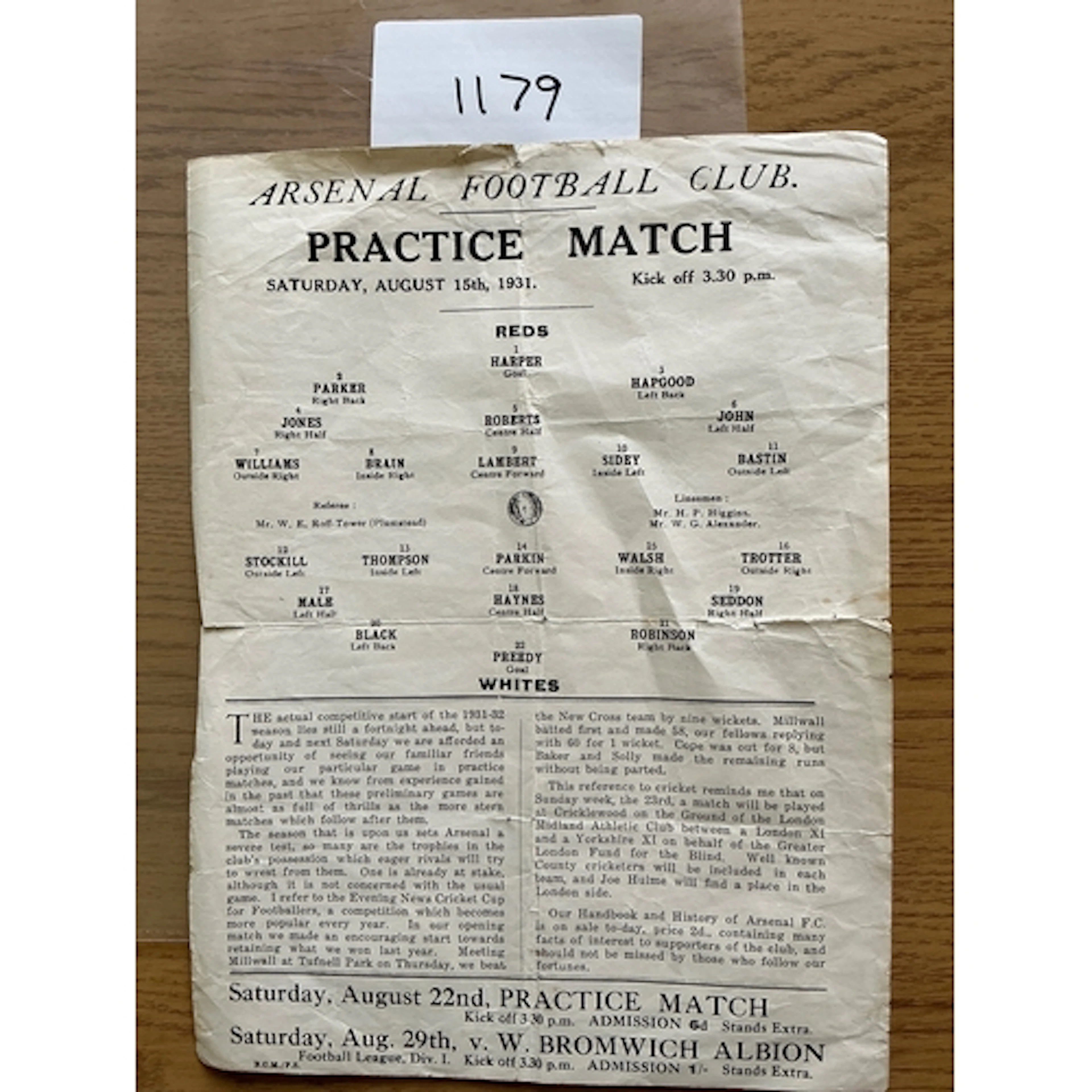 Arsenal 1931 Practice Match Football Programme: For the matc...