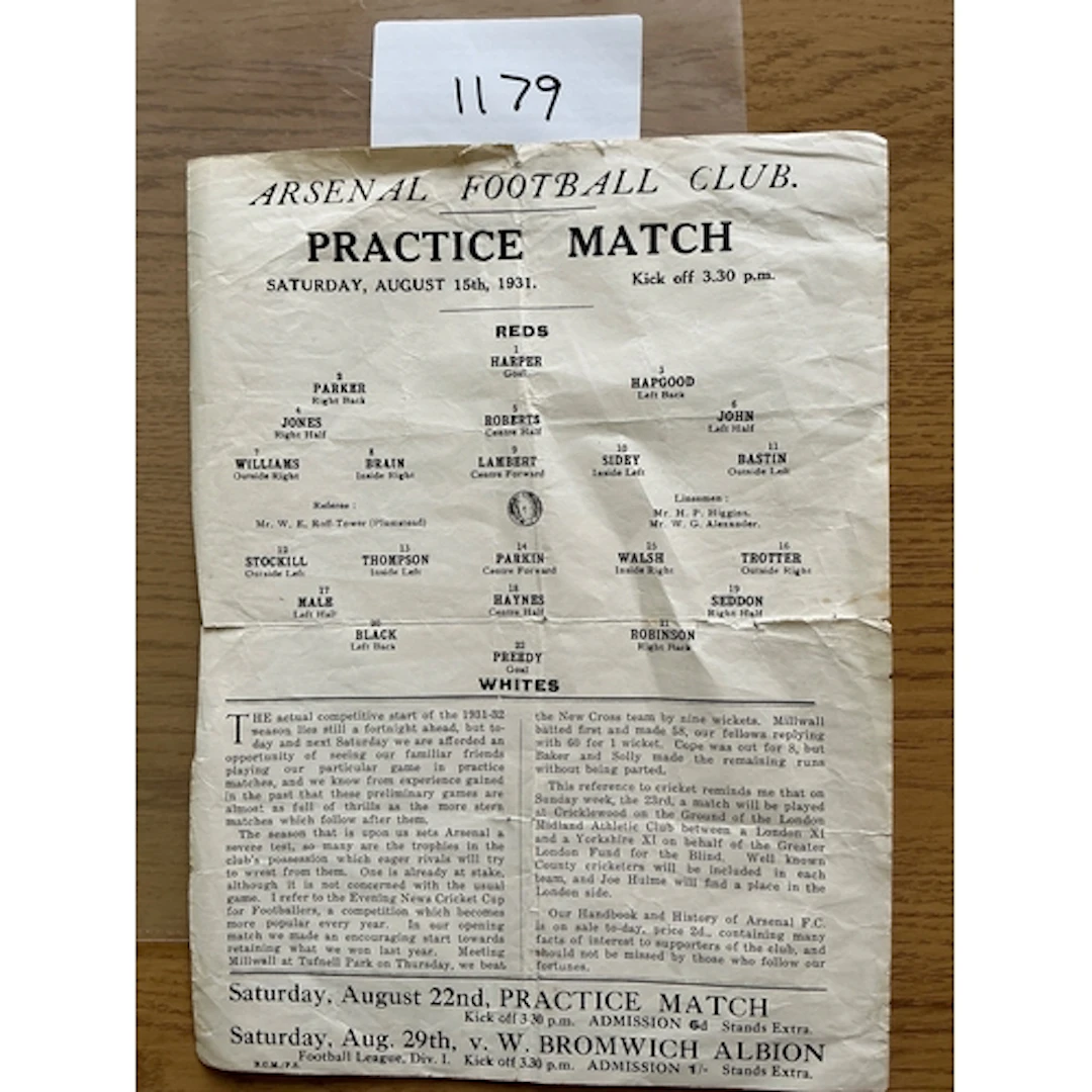 Arsenal 1931 Practice Match Football Programme: For the matc...
