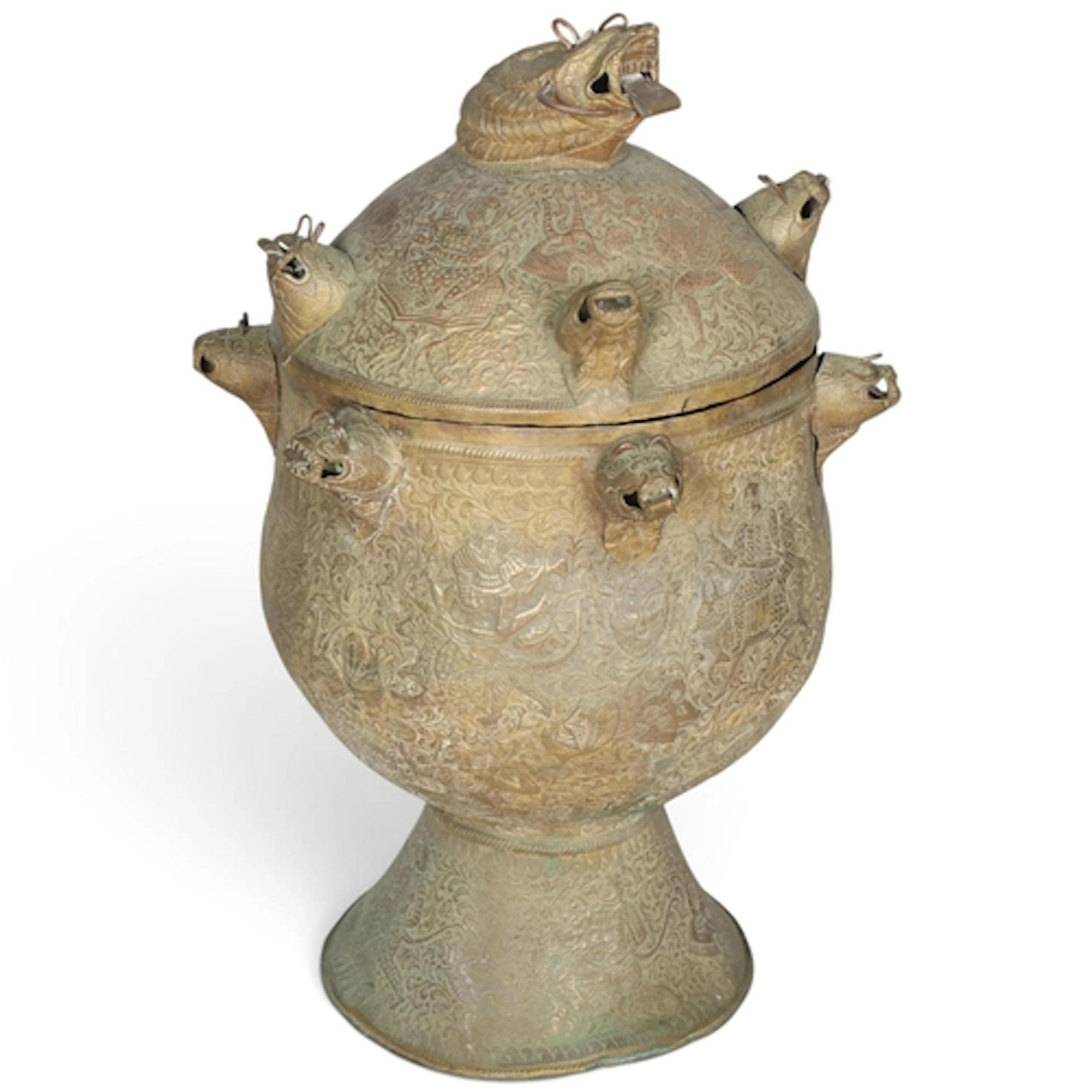 A large Thai brass ritual water jar and cover, with dragon m...