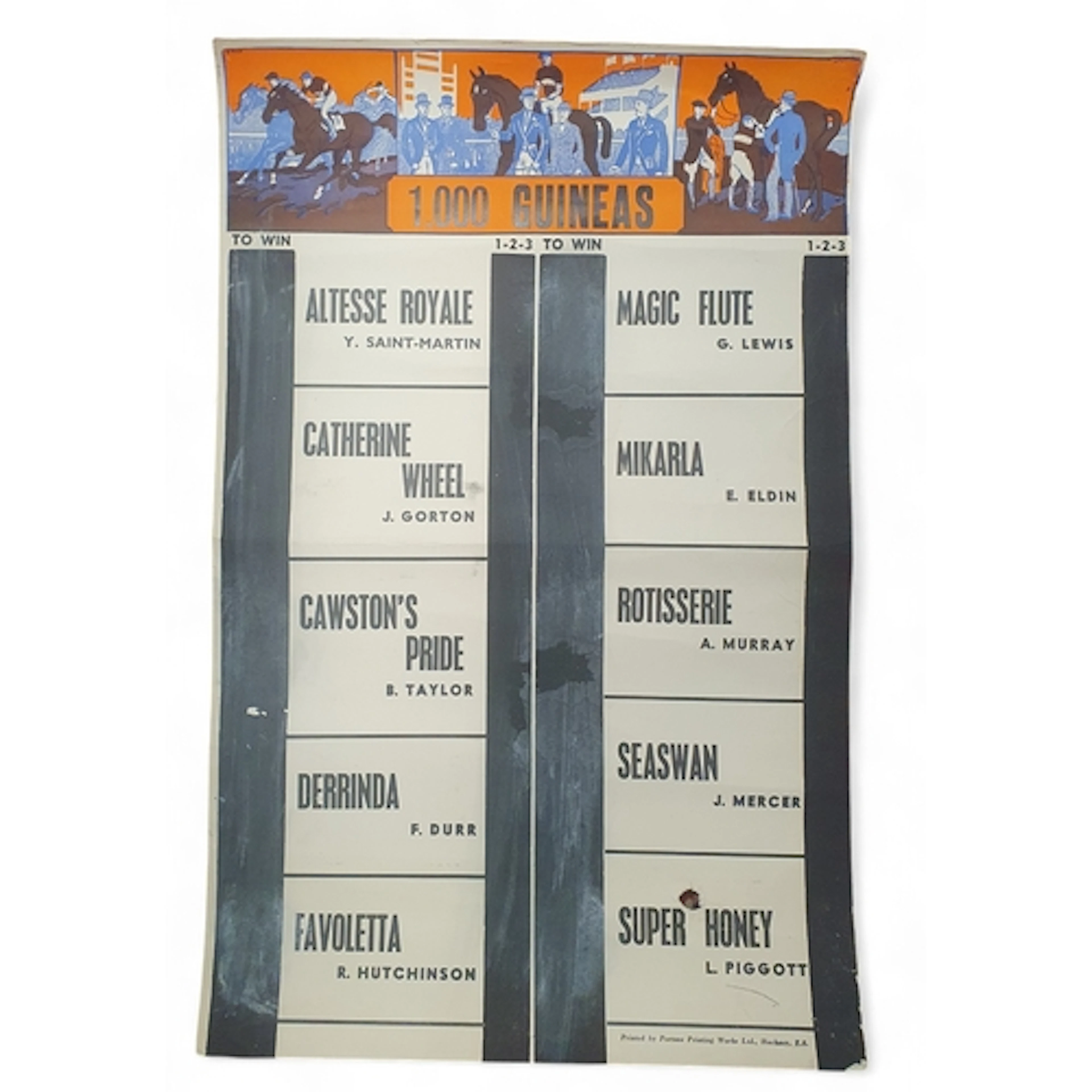 A 1971 1000 Guineas Horse Racing Tote Board betting card whe...
