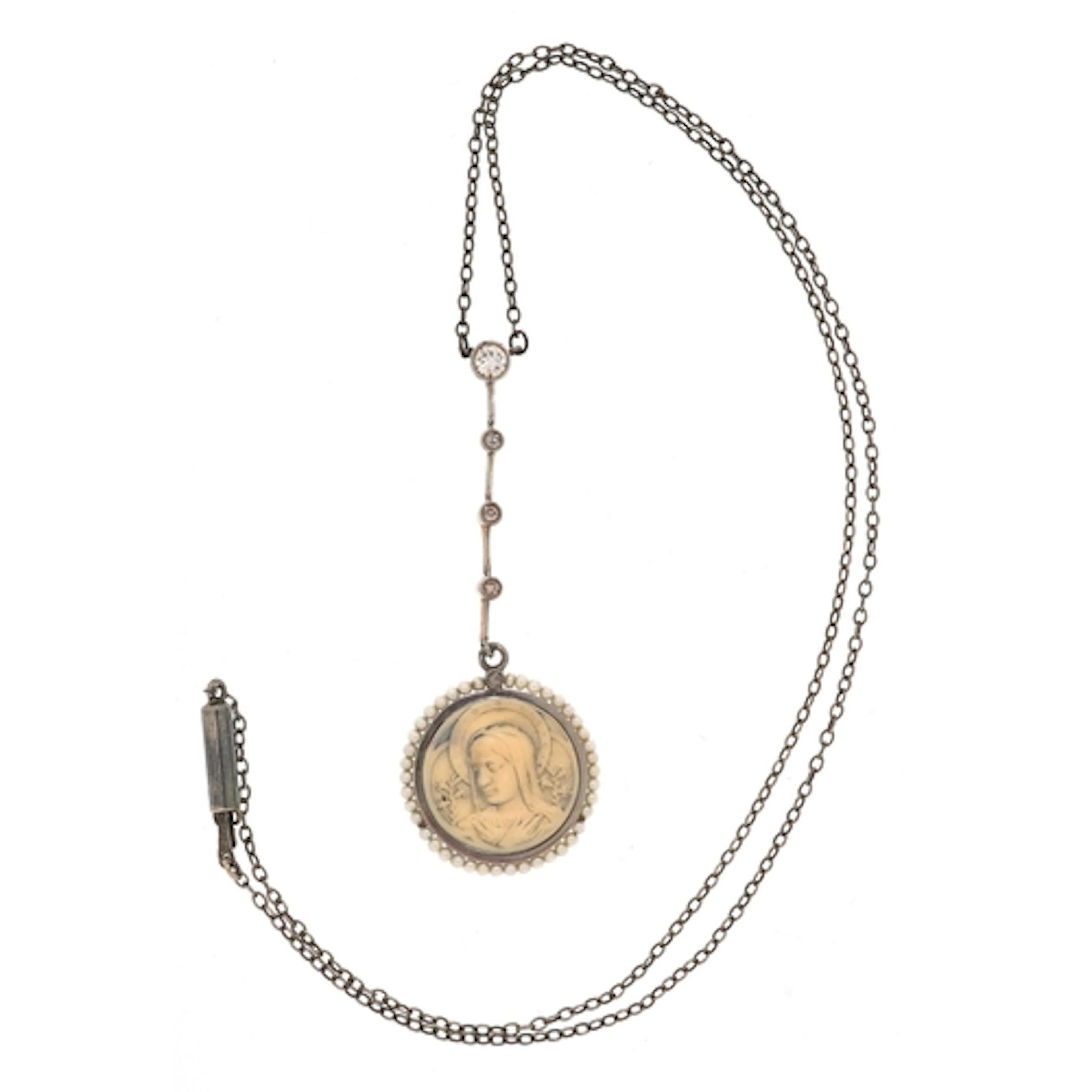 Antique yellow and white metal diamond and seed pearl Madonn...