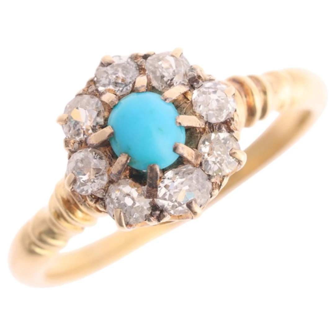 An Antique Victorian 18ct gold turquoise and diamond cluster...