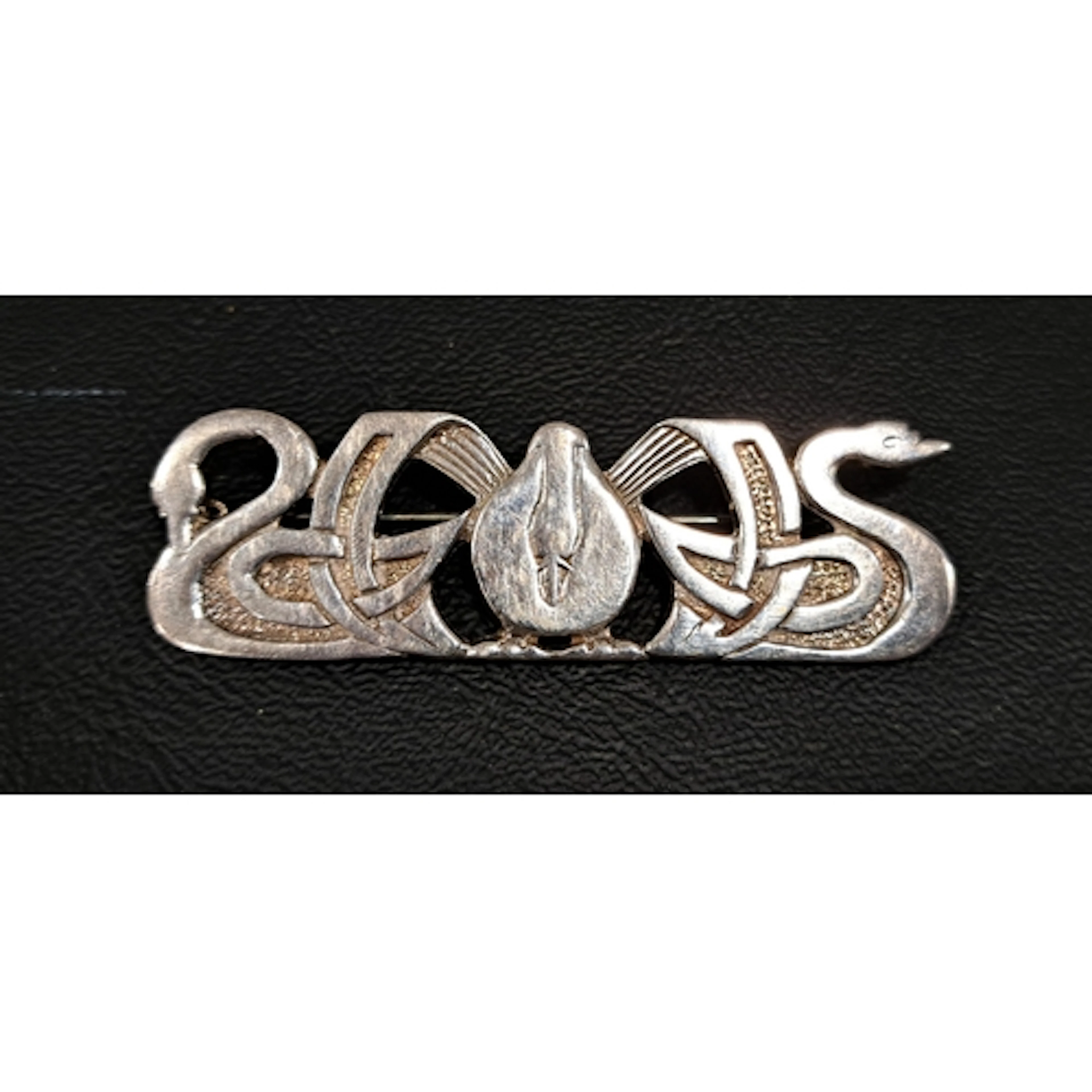 SHETLAND SILVER THREE NORNES LONG BROOCH depicting three swa...