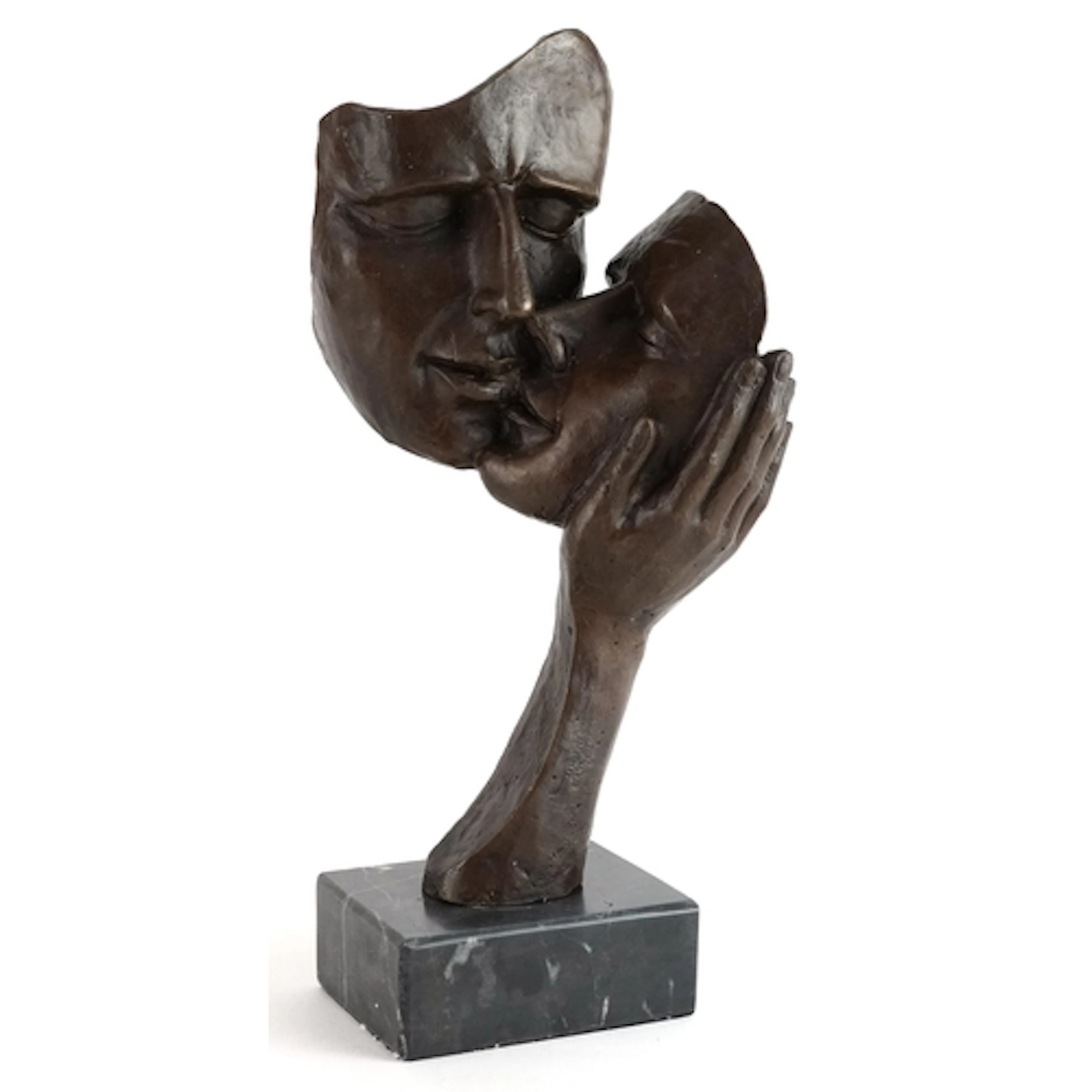 Patinated bronze sculpture of a kissing couple, raised on bl...