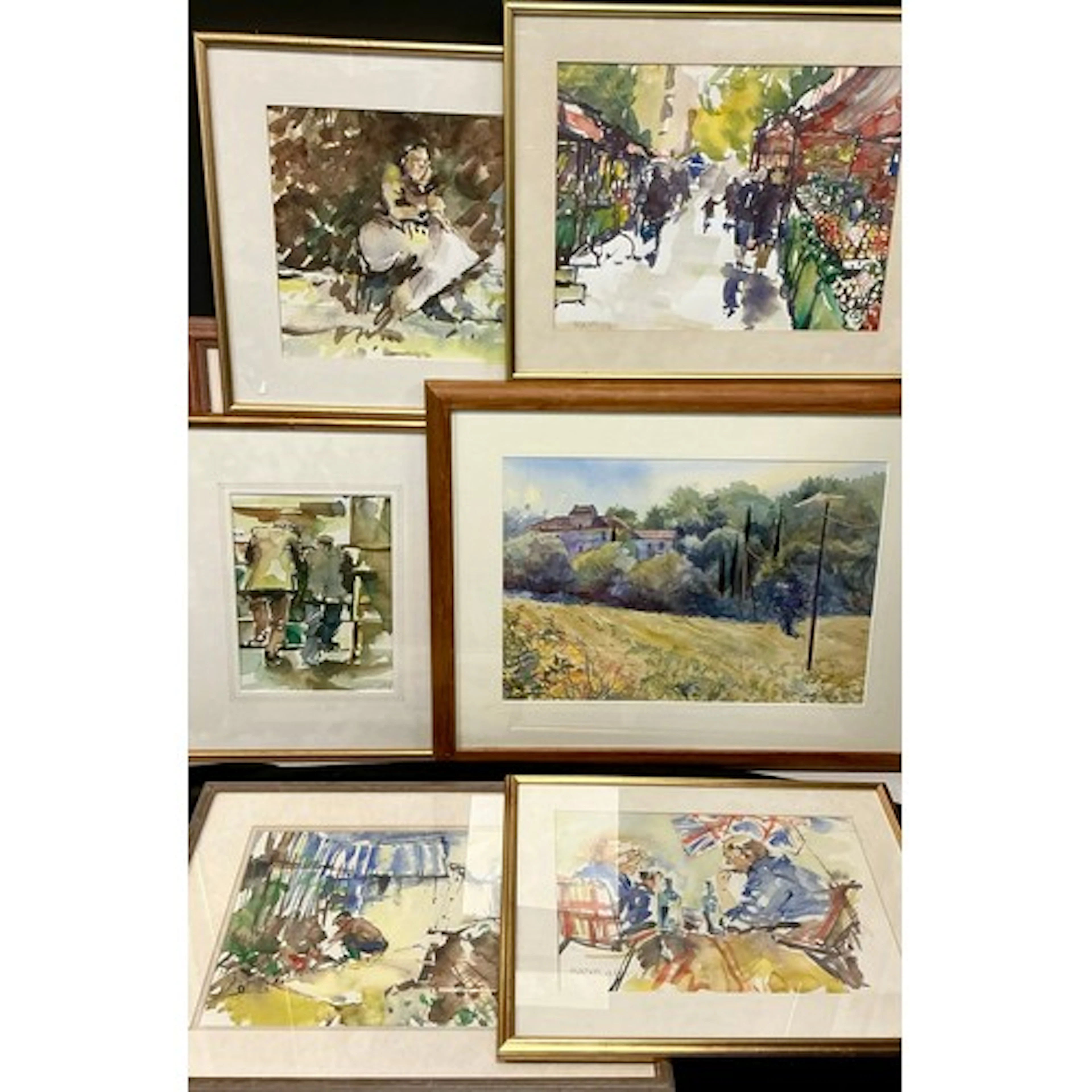 Hazel Lale - A group of watercolours - Market Town, a man in...