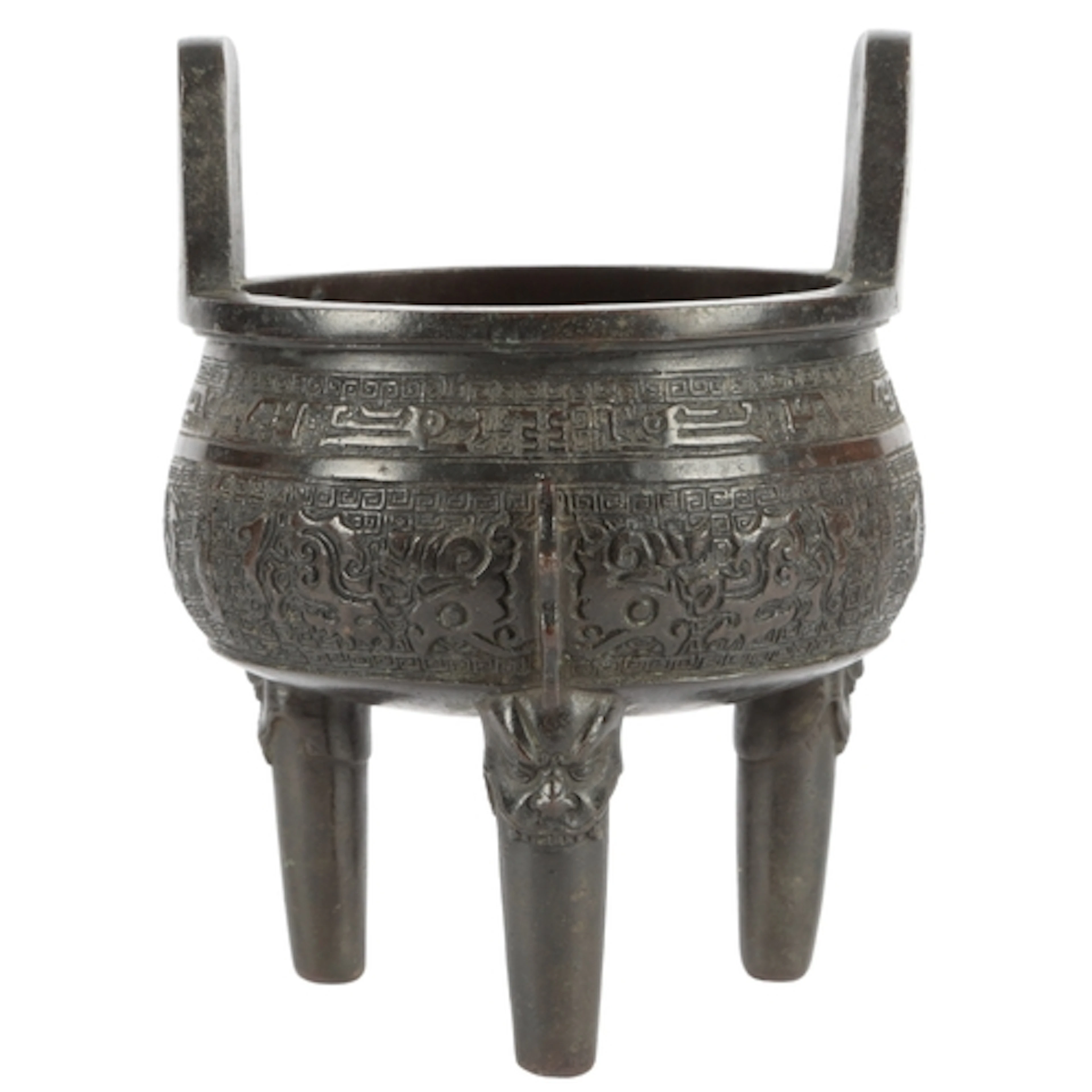 A heavy Chinese archaistic copper alloy tripod censer, ding,...