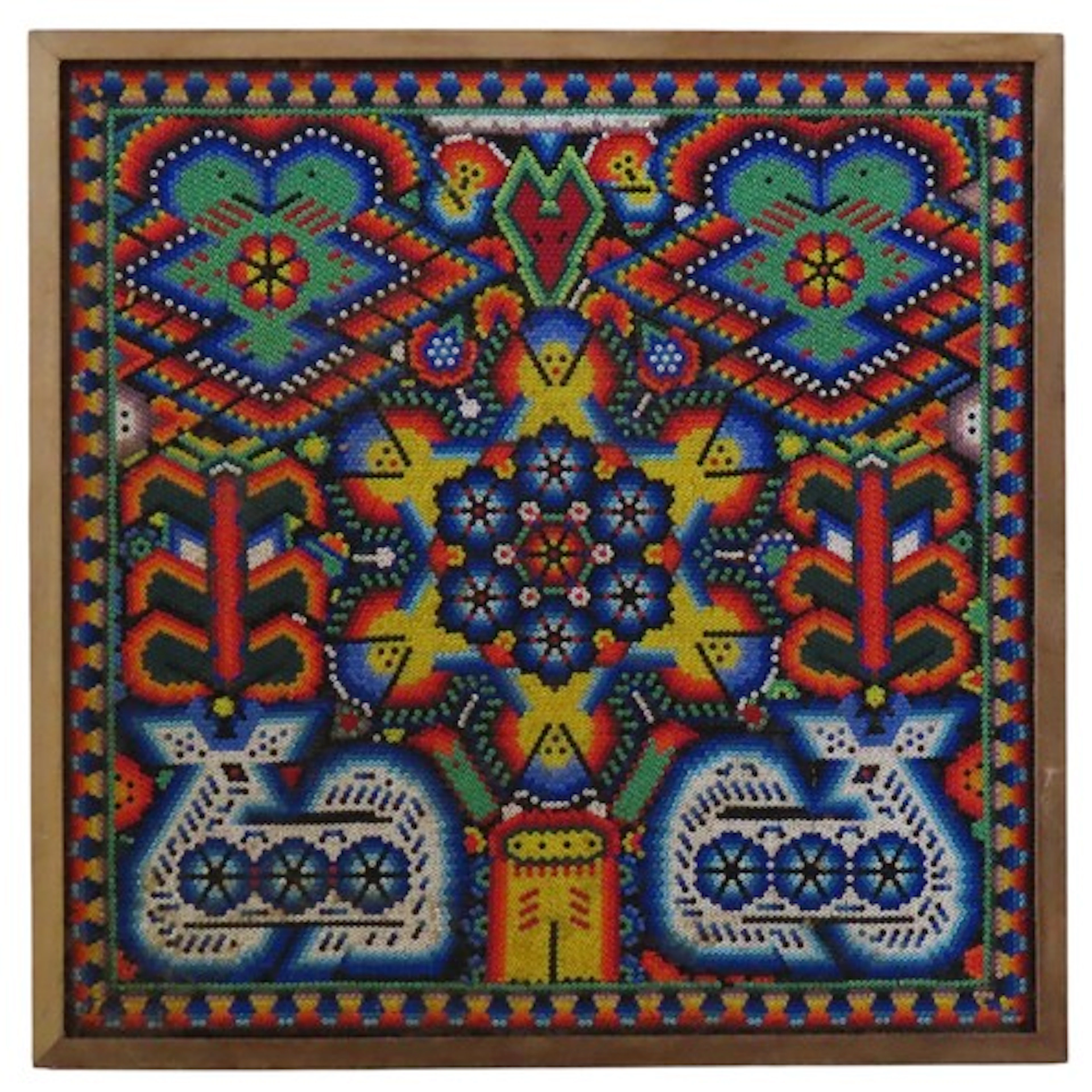 BEADED HUICHOL PICTURE Western Mexico 32cm x 32cm framed P...