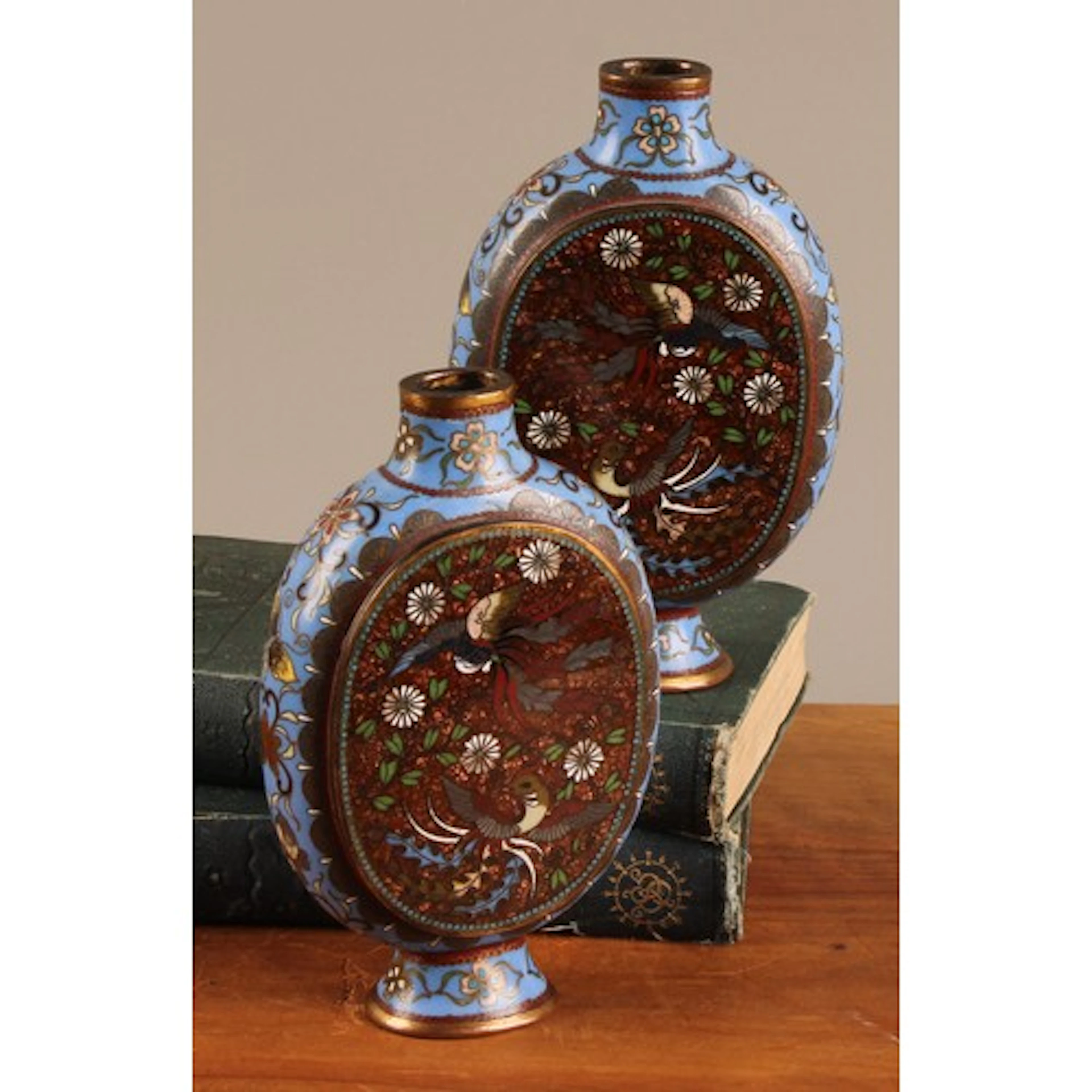 A pair of Chinese cloisonne enamel flattened ovoid vases, de...