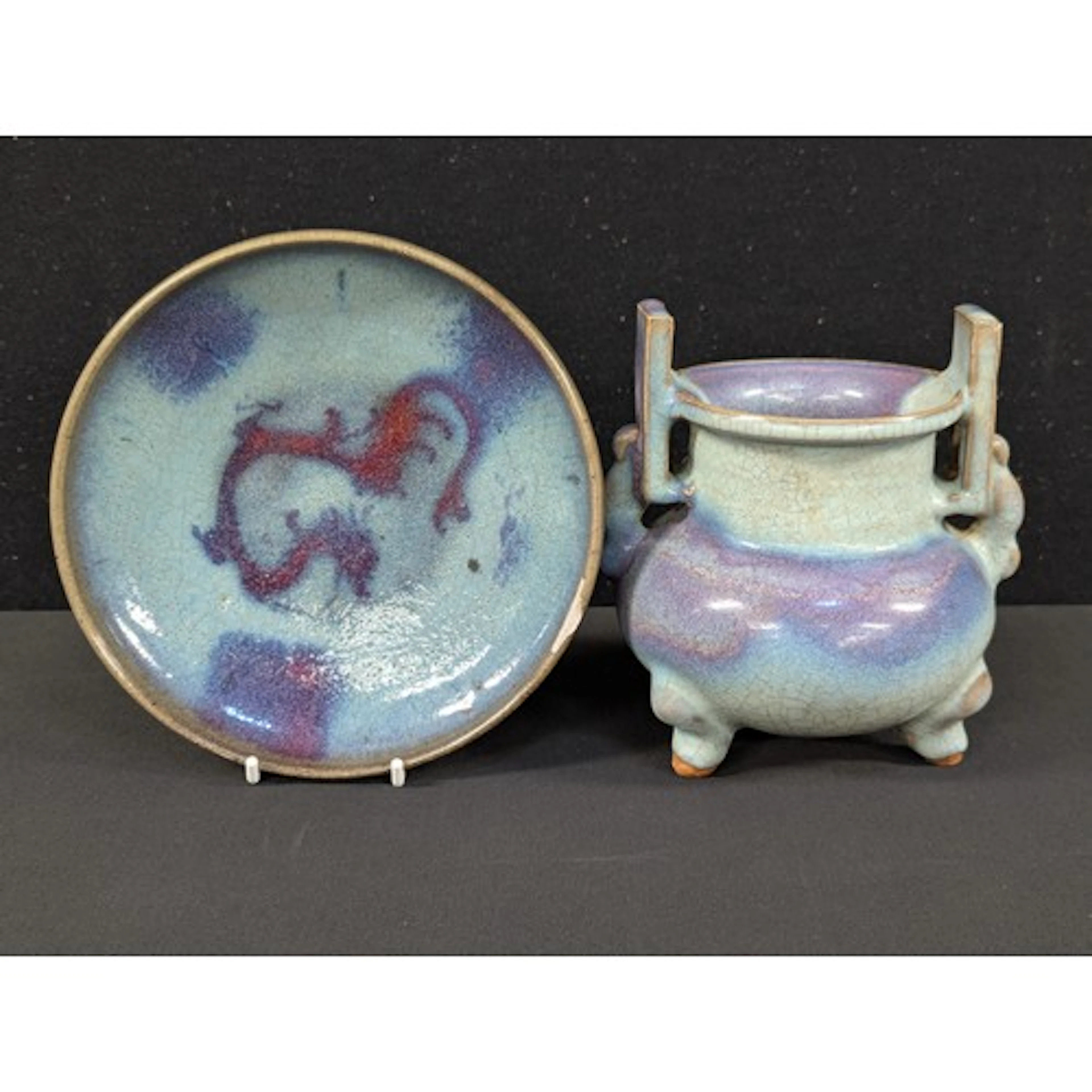 A Chinese Song Dynasty style Junyao glazed tripod censer, 12...
