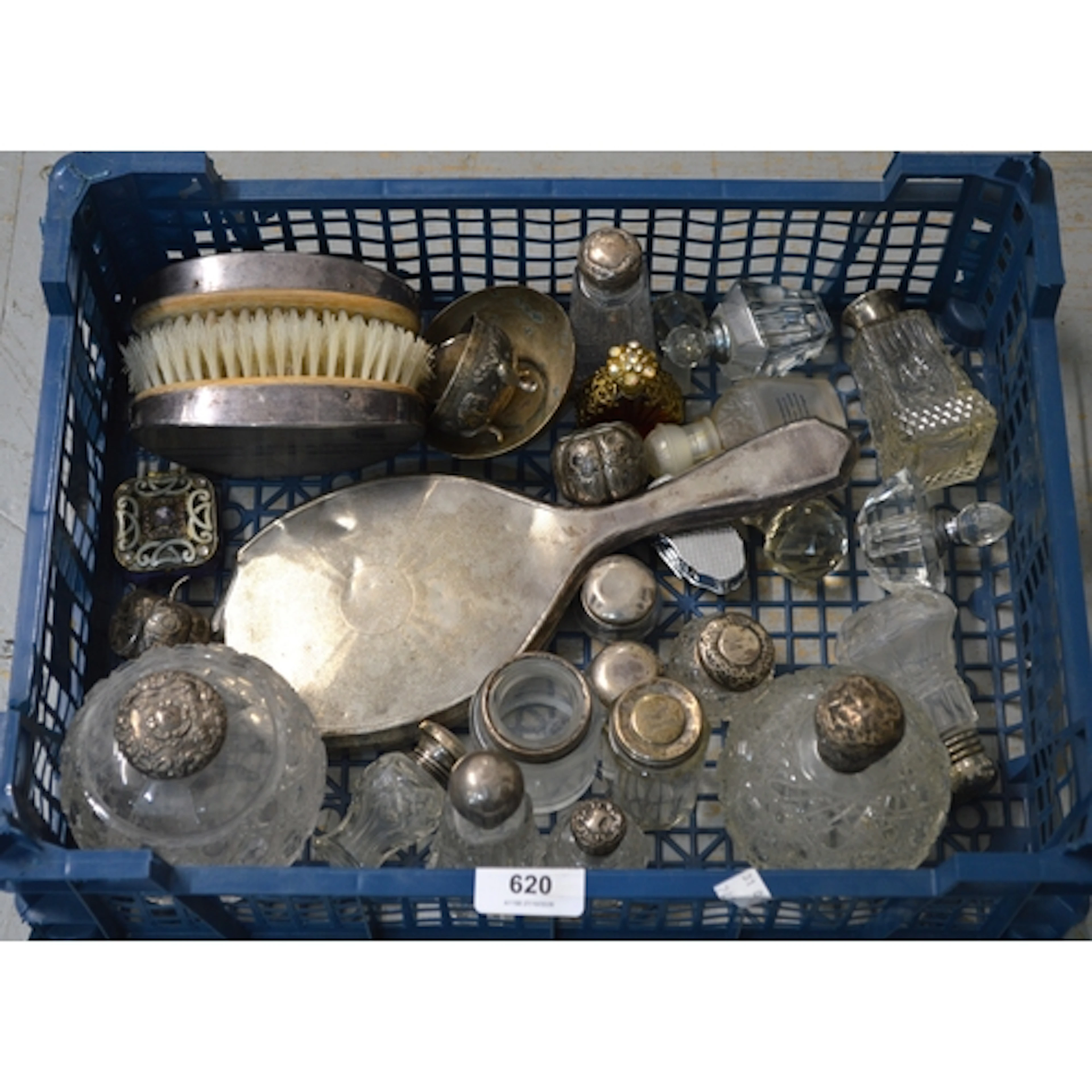 Quantity of silver mounted cut glass dressing table items, a...