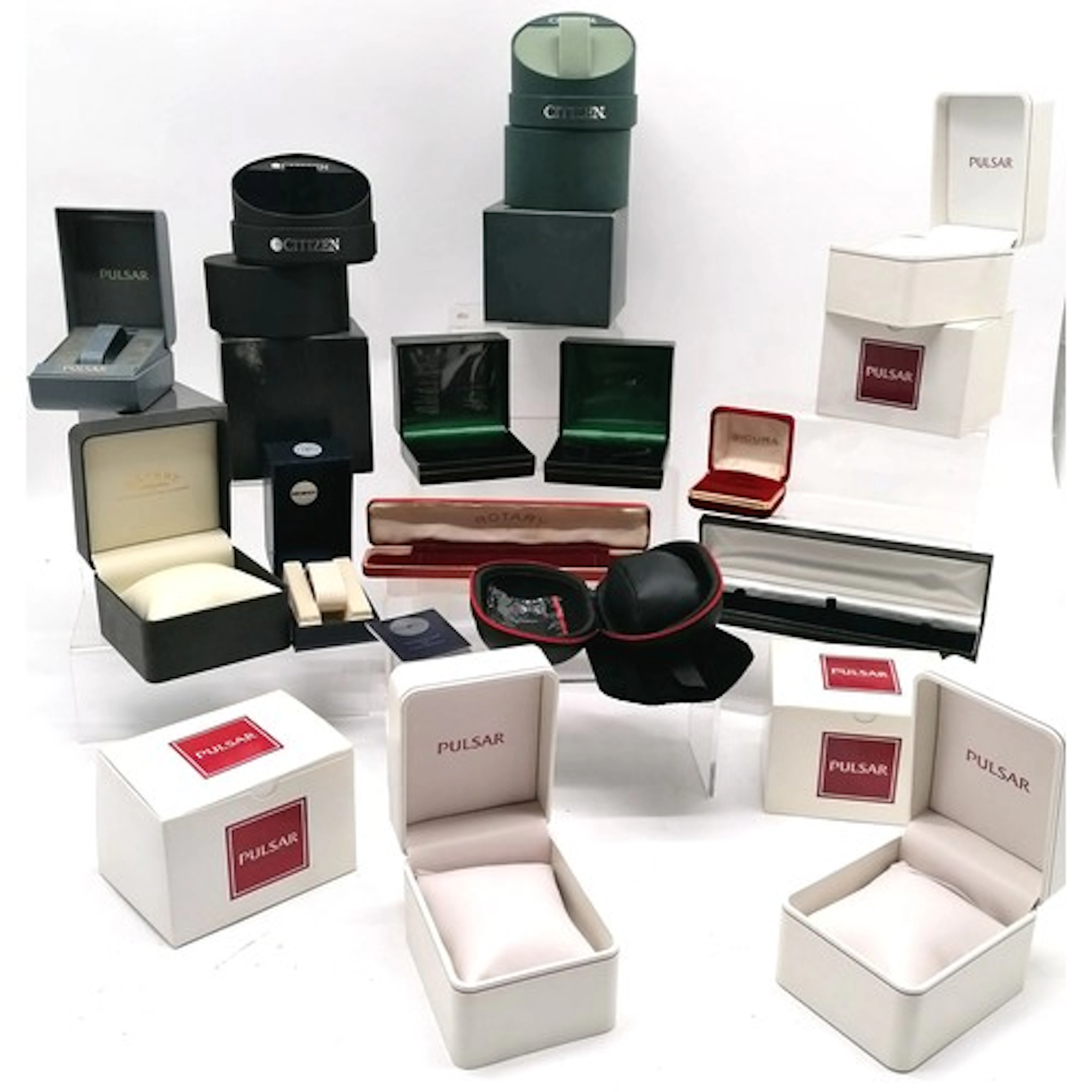Qty of used watch boxes inc Tissot, Rotary, Citizen, Secura ...