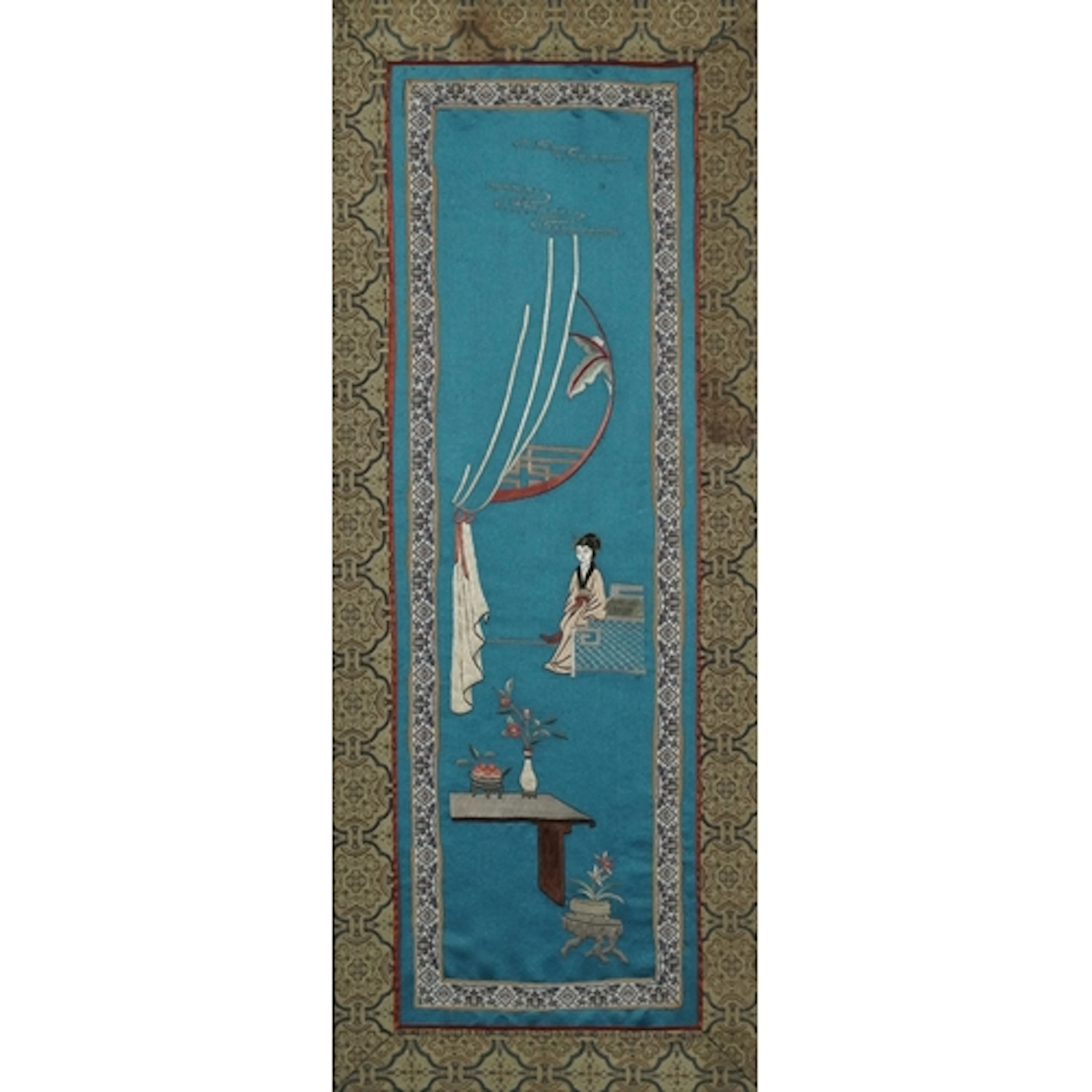 Chinese silk embroidery depicting a figure, framed and glaze...