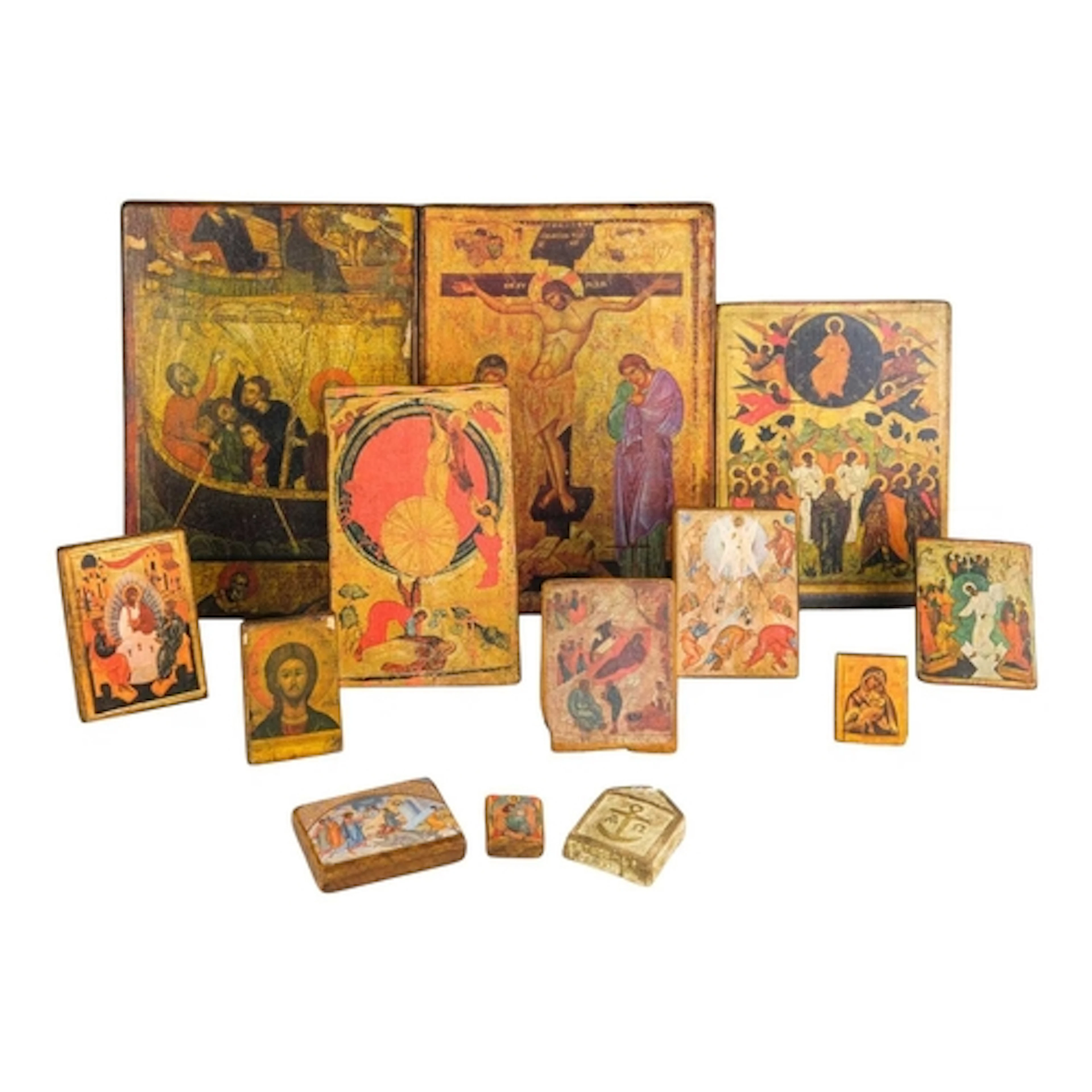 Religious Icons. A collection of prints mounted on wood. The...