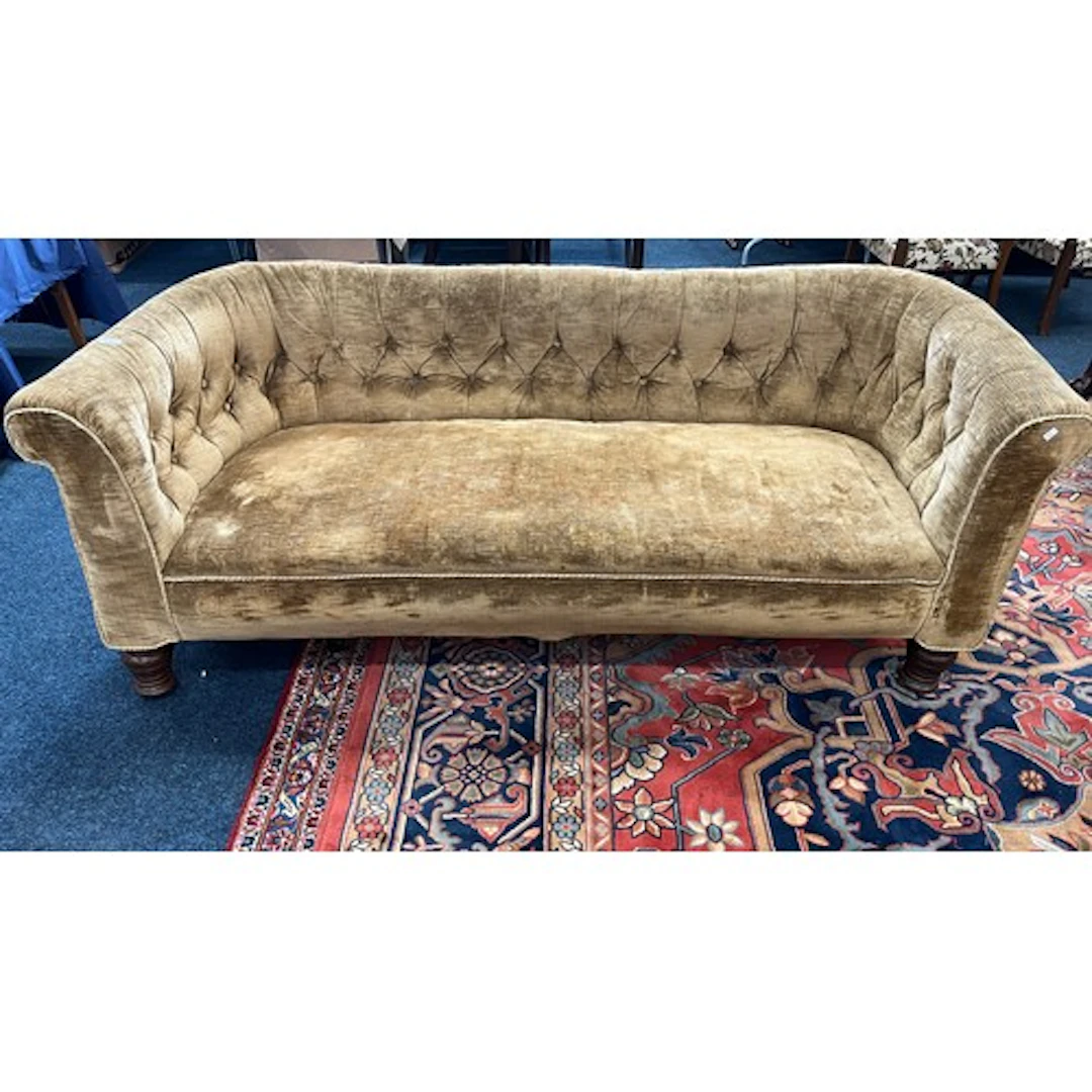 Chesterfield style button back sofa upholstered in gold fabr...