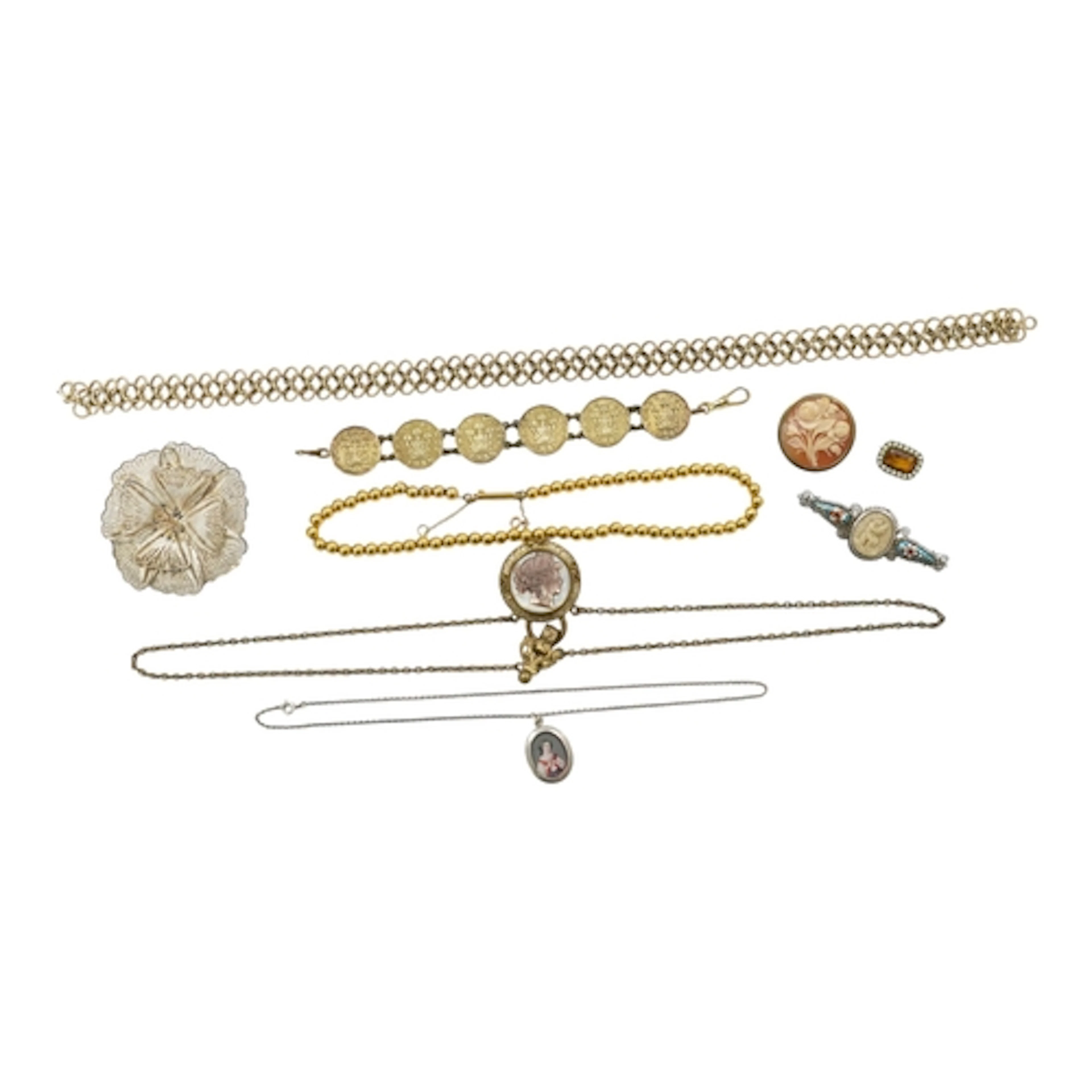 A collection of jewels, including a mother of pearl cameo br...