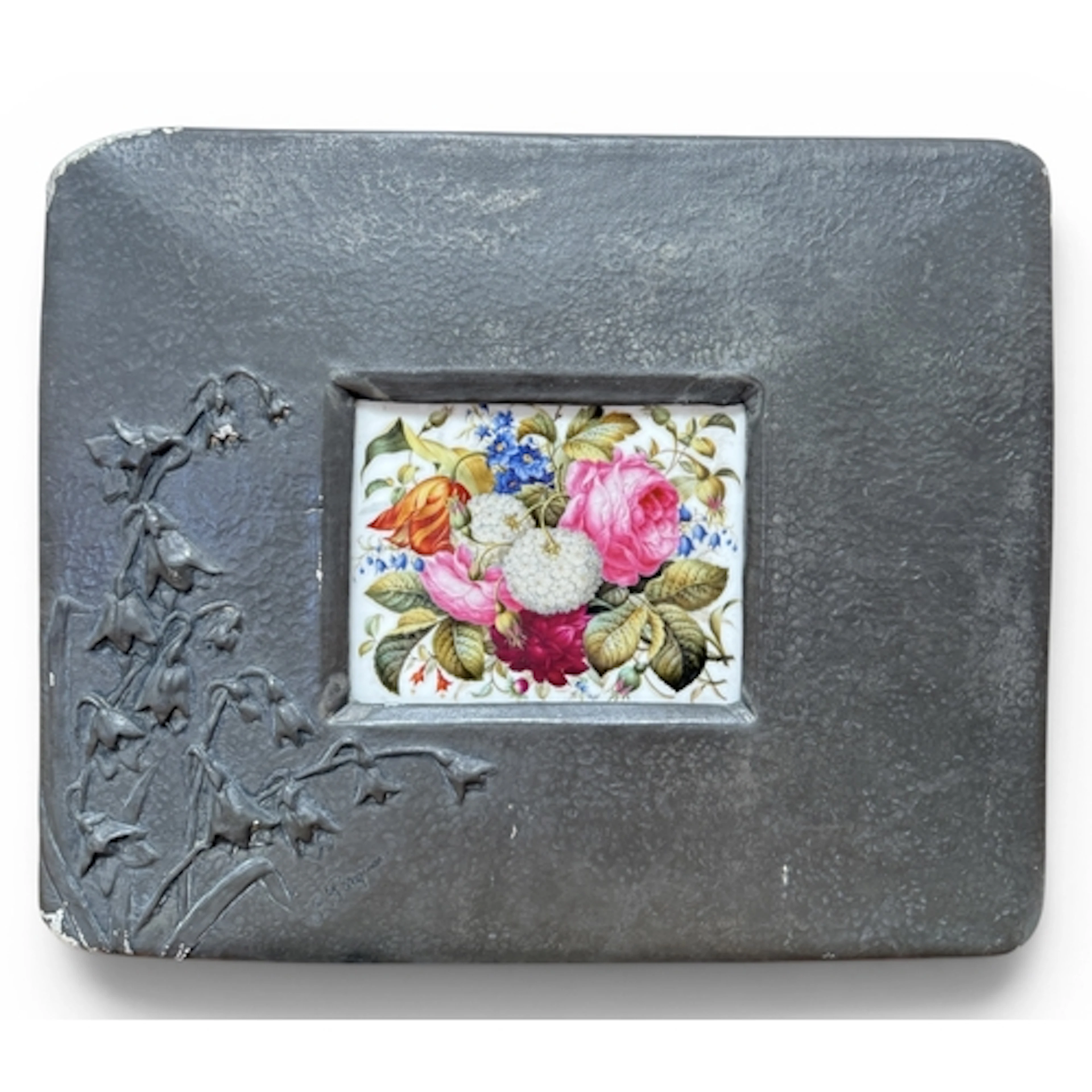 A FRENCH PORCELAIN TILE PAINTED WITH A BOUQUET OF FLOWERS Mo...