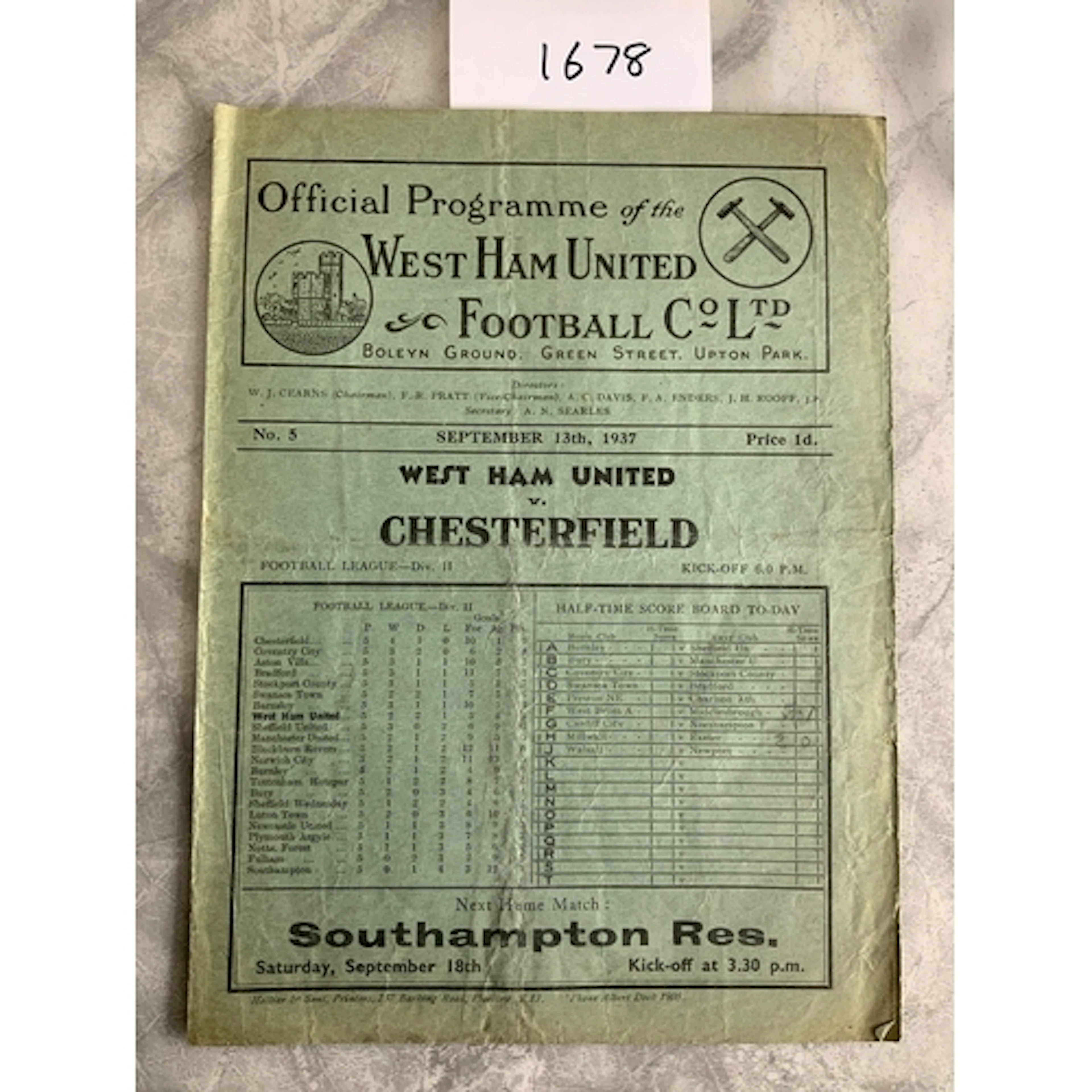 37/38 West Ham v Chesterfield Football Programme: Good condi...