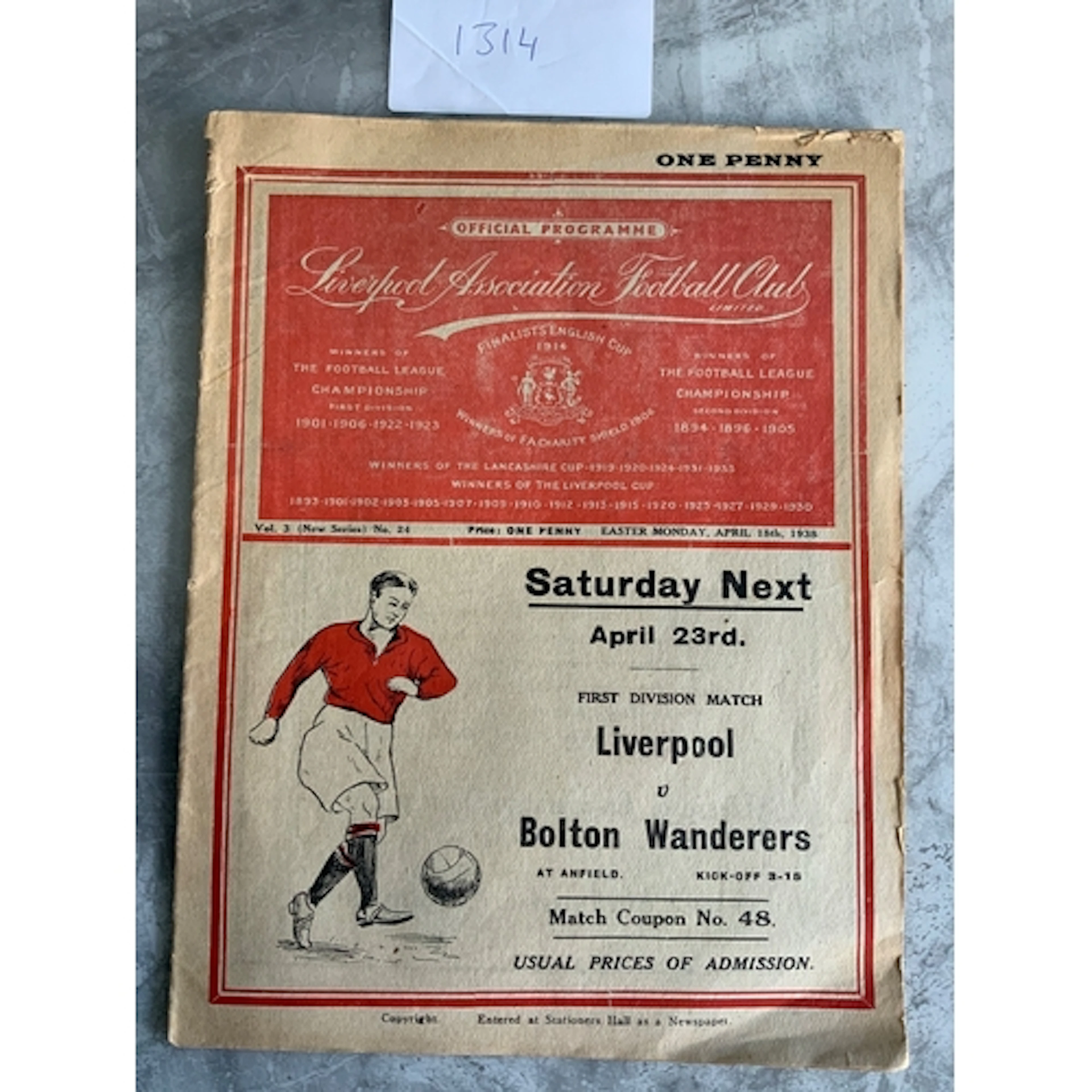 1937 - 1938 Liverpool v Bolton Football Programme: First div...