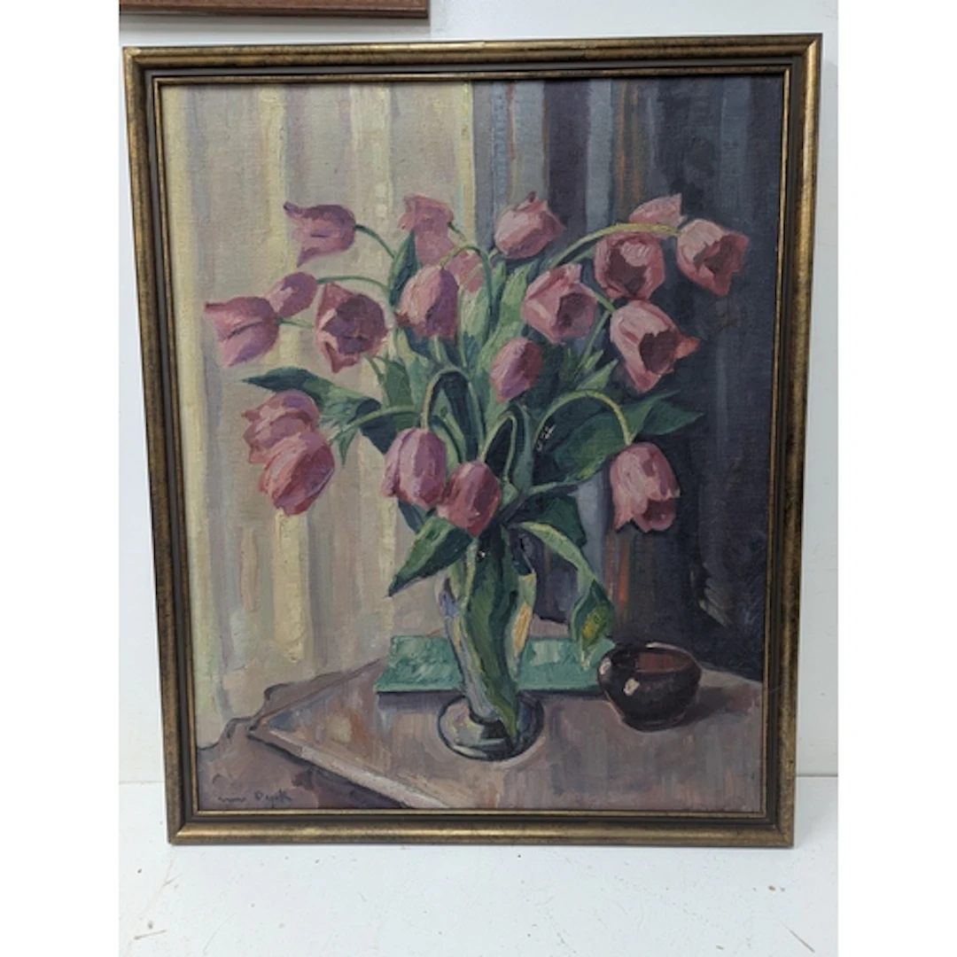 Oil on board, still life study depicting tulips in a vase ne...