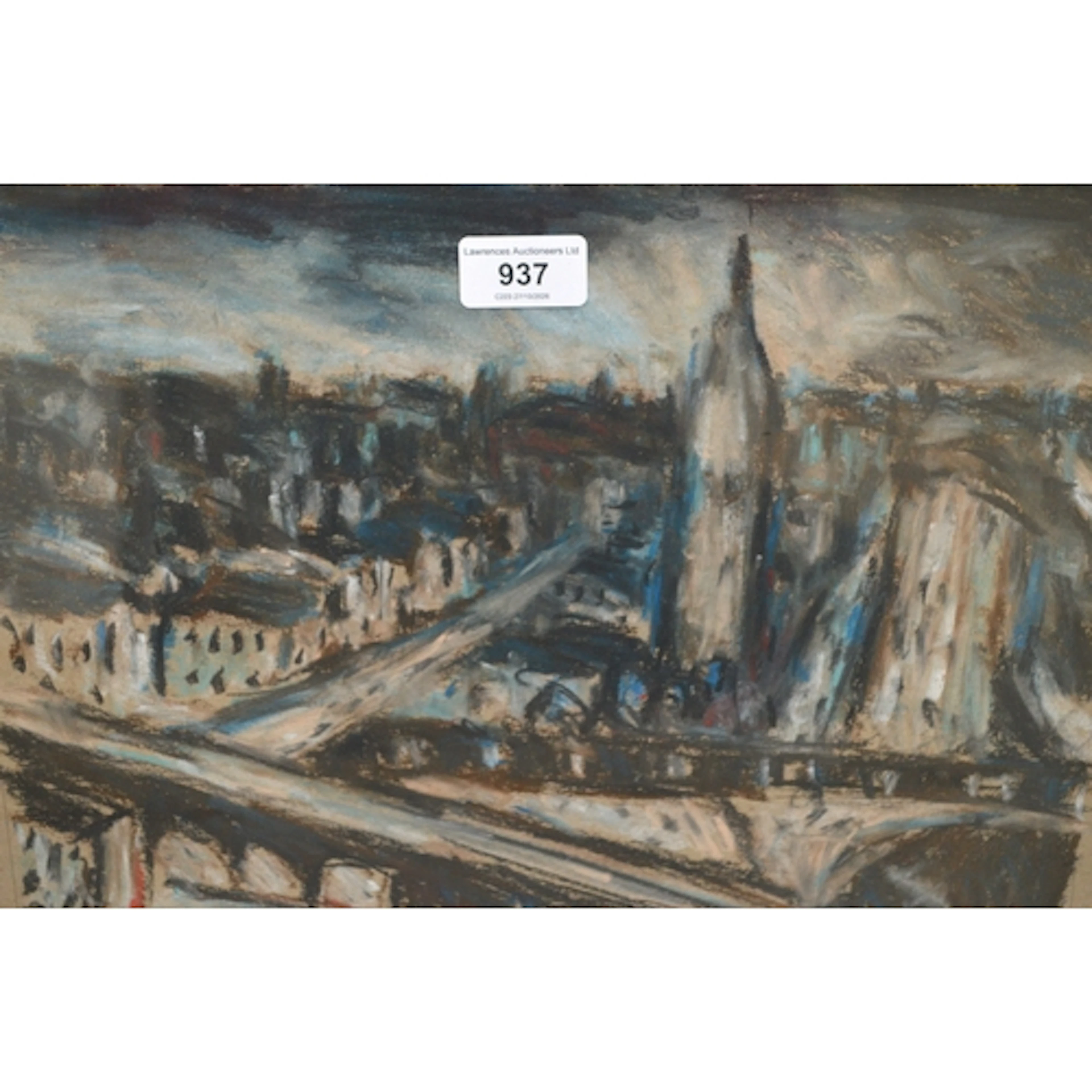 Barry de More, two signed chalk drawings, figures in a stree...