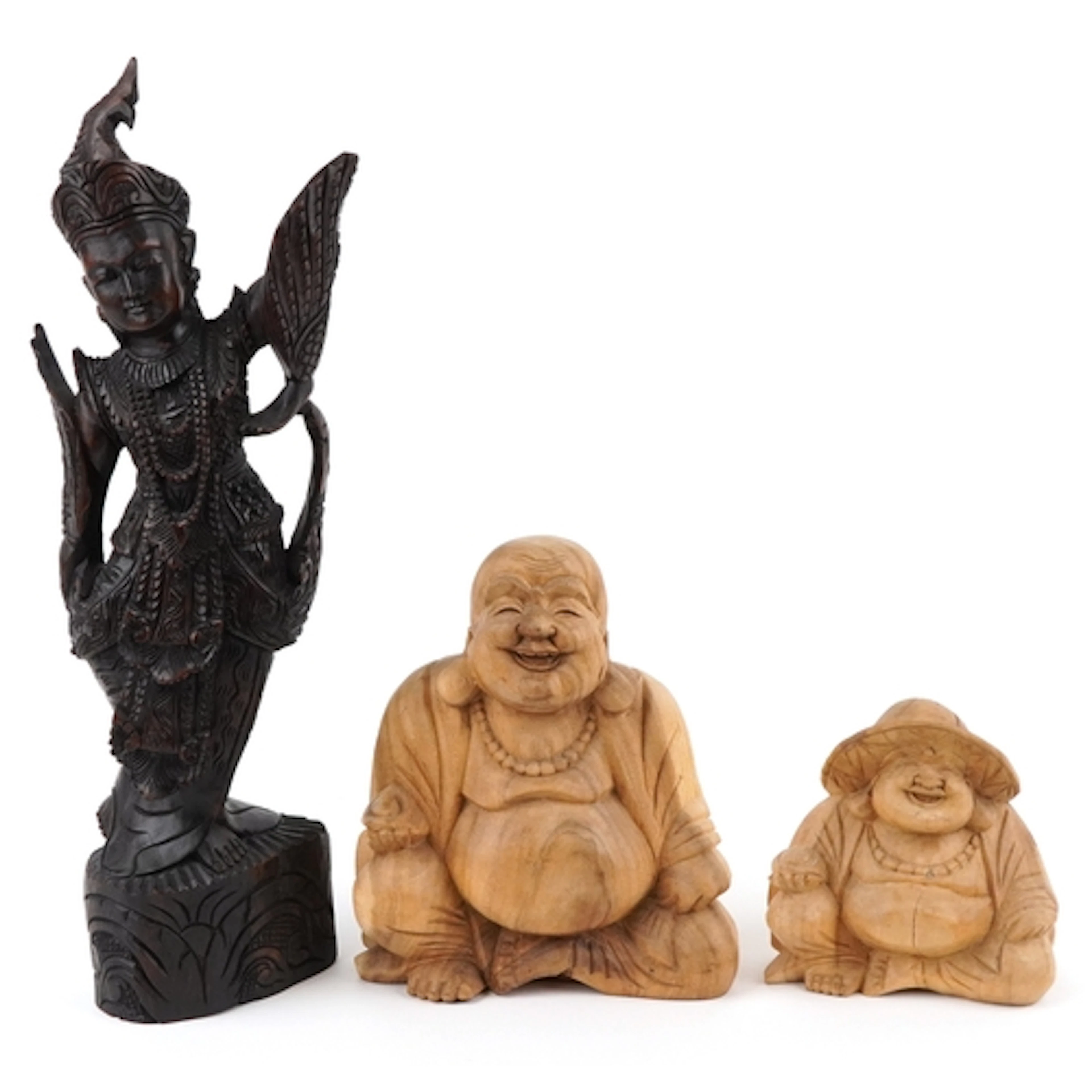 Large Tibetan carved wood study of a deity and two Chinese c...