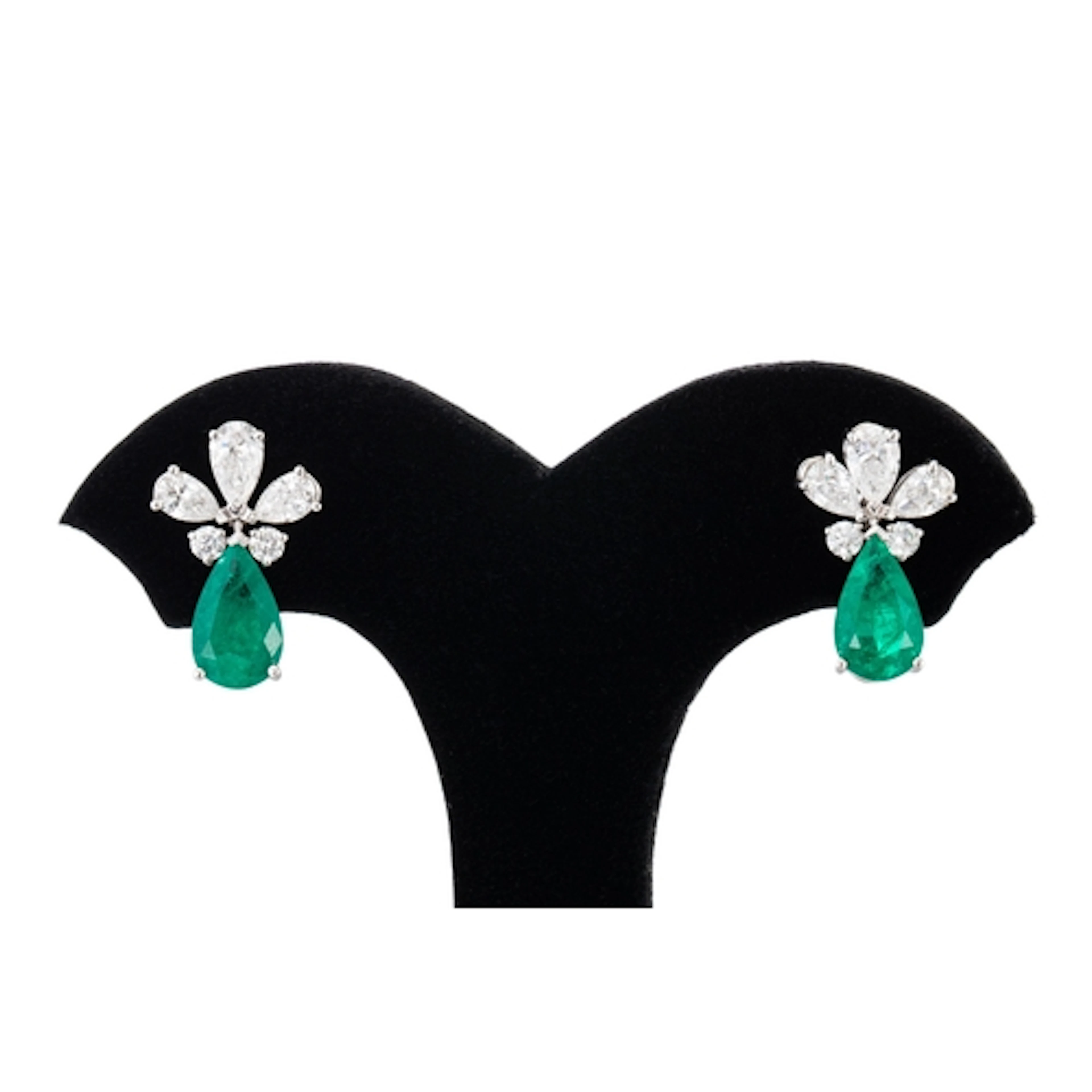 A PAIR OF EMERALD AND DIAMOND CLUSTER DROP EARRINGS, the mar...