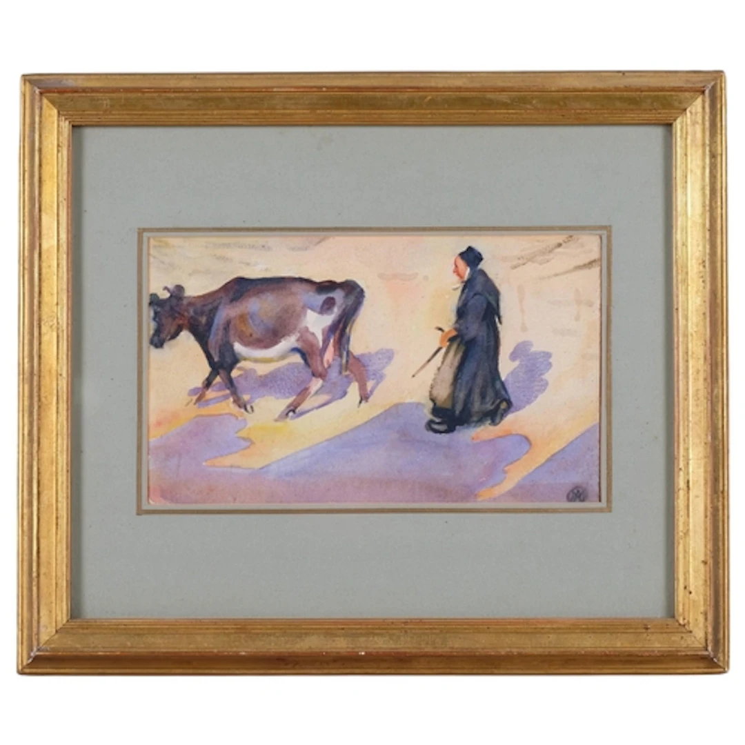 A Continental woman with a cow, early 20th century watercolo...
