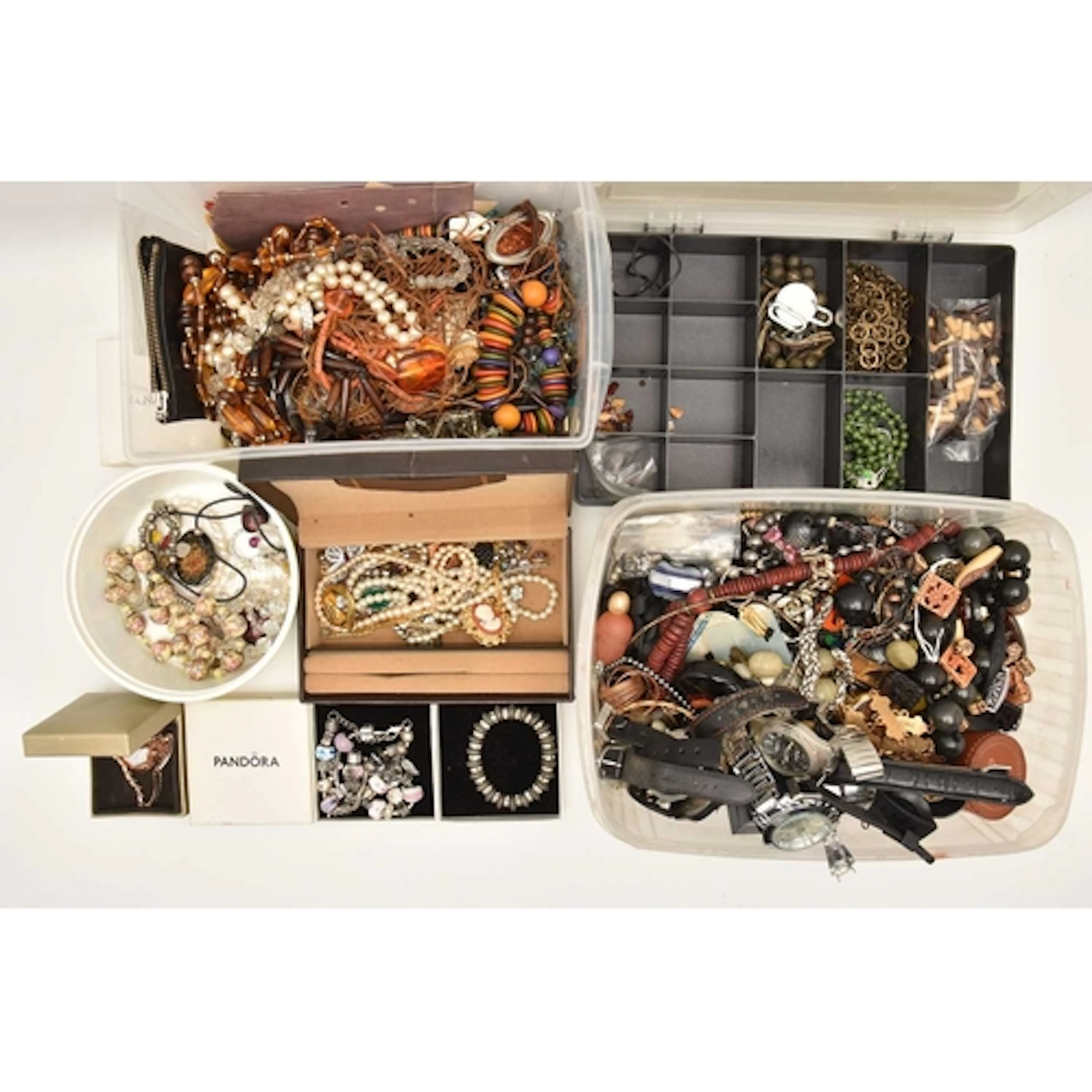 A BOX OF ASSORTED COSTUME JEWELLERY, to include beaded neckl...