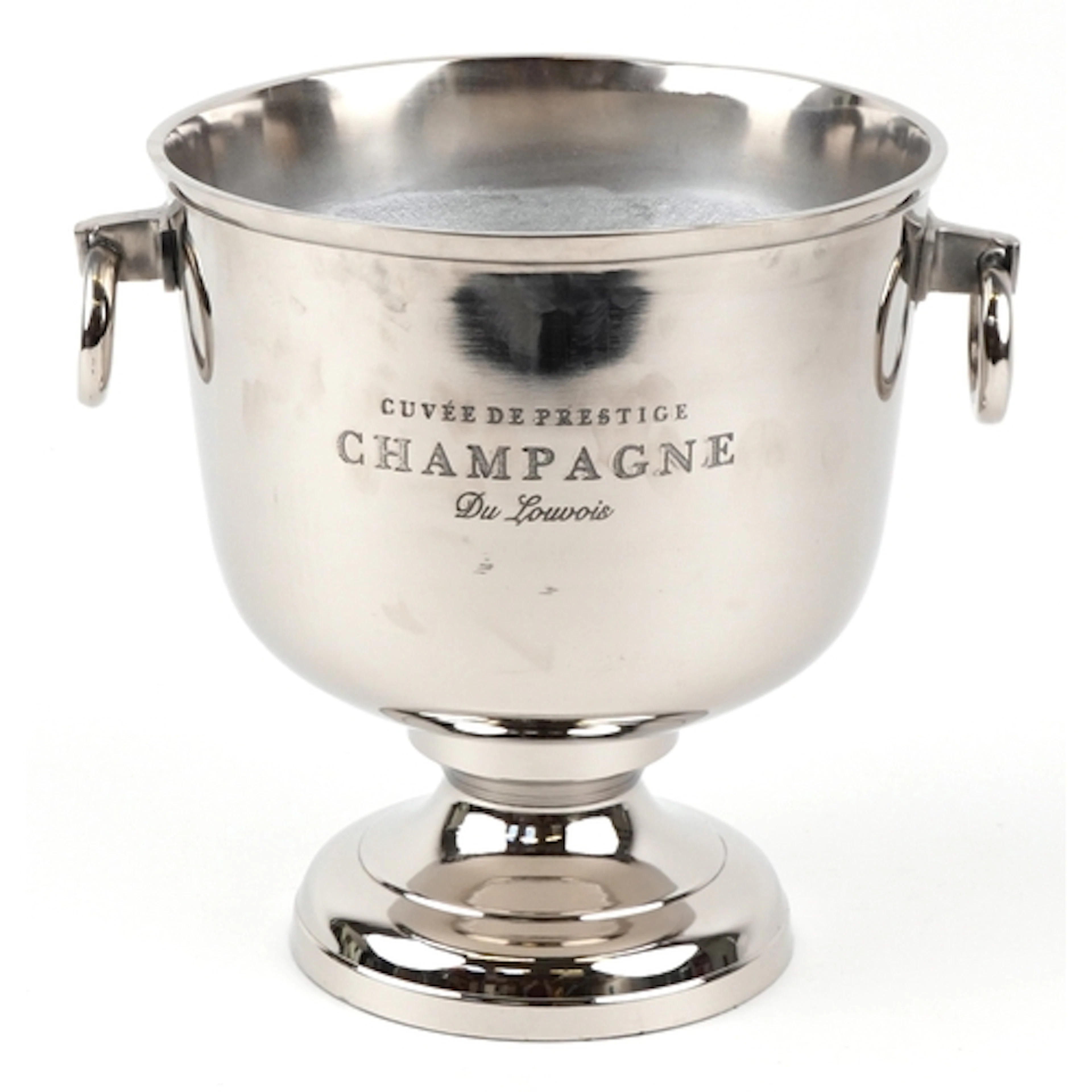Du Louvois design chromed ice bucket with ring handles, 33.5...