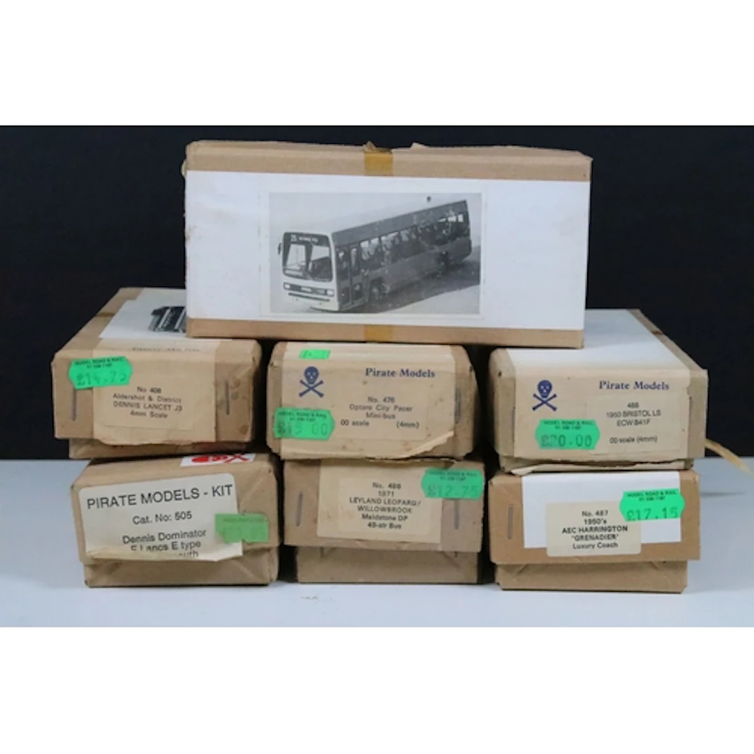 Seven boxed Pirate Models white metal model bus and coach ki...