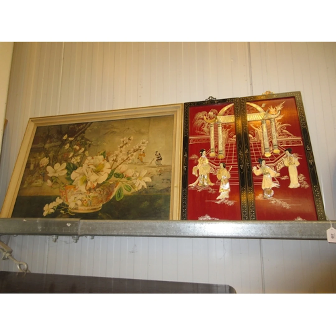 Pair of Japanese Panels and a Still Life Print