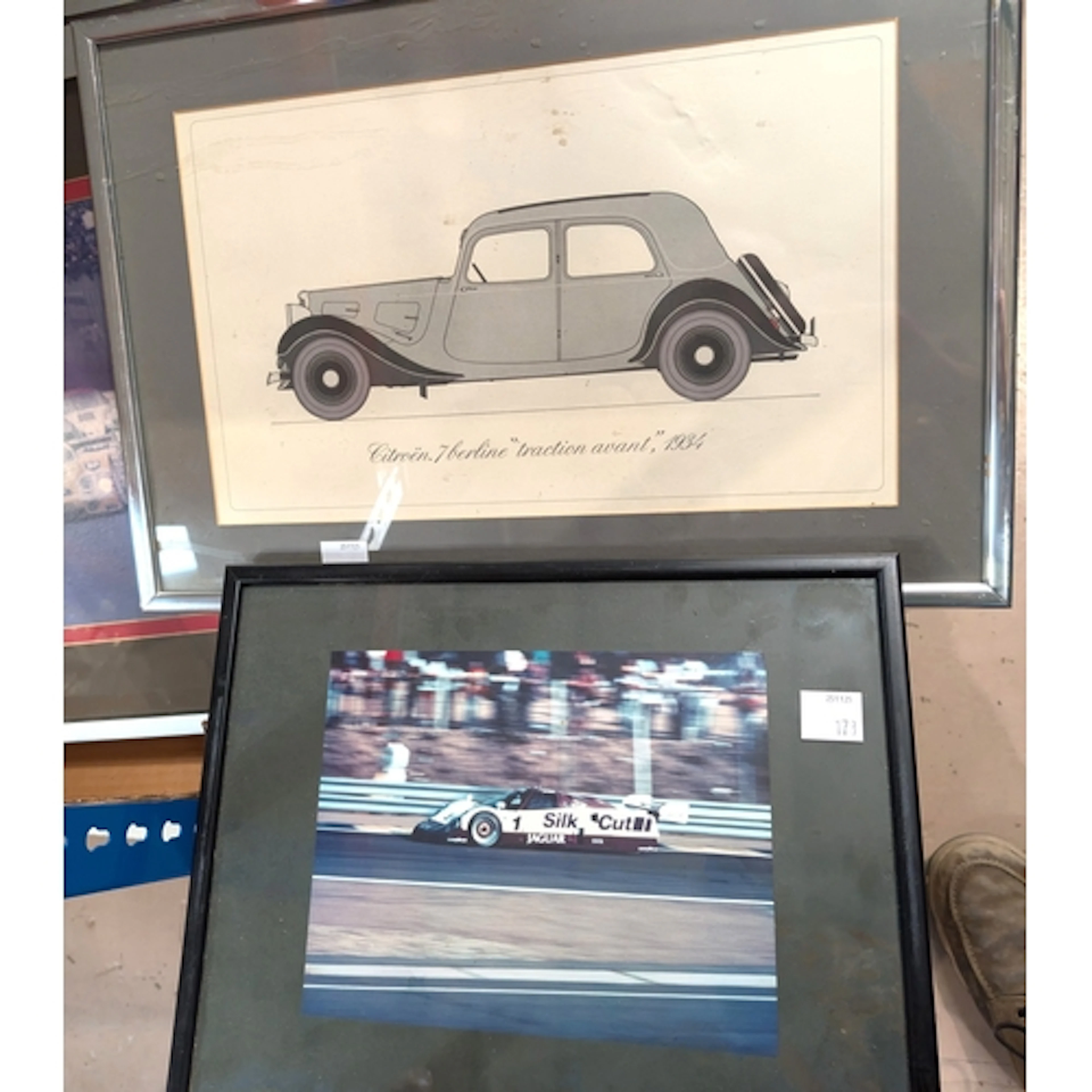 Six Le Mans framed photos, two locomotive prints and one oth...