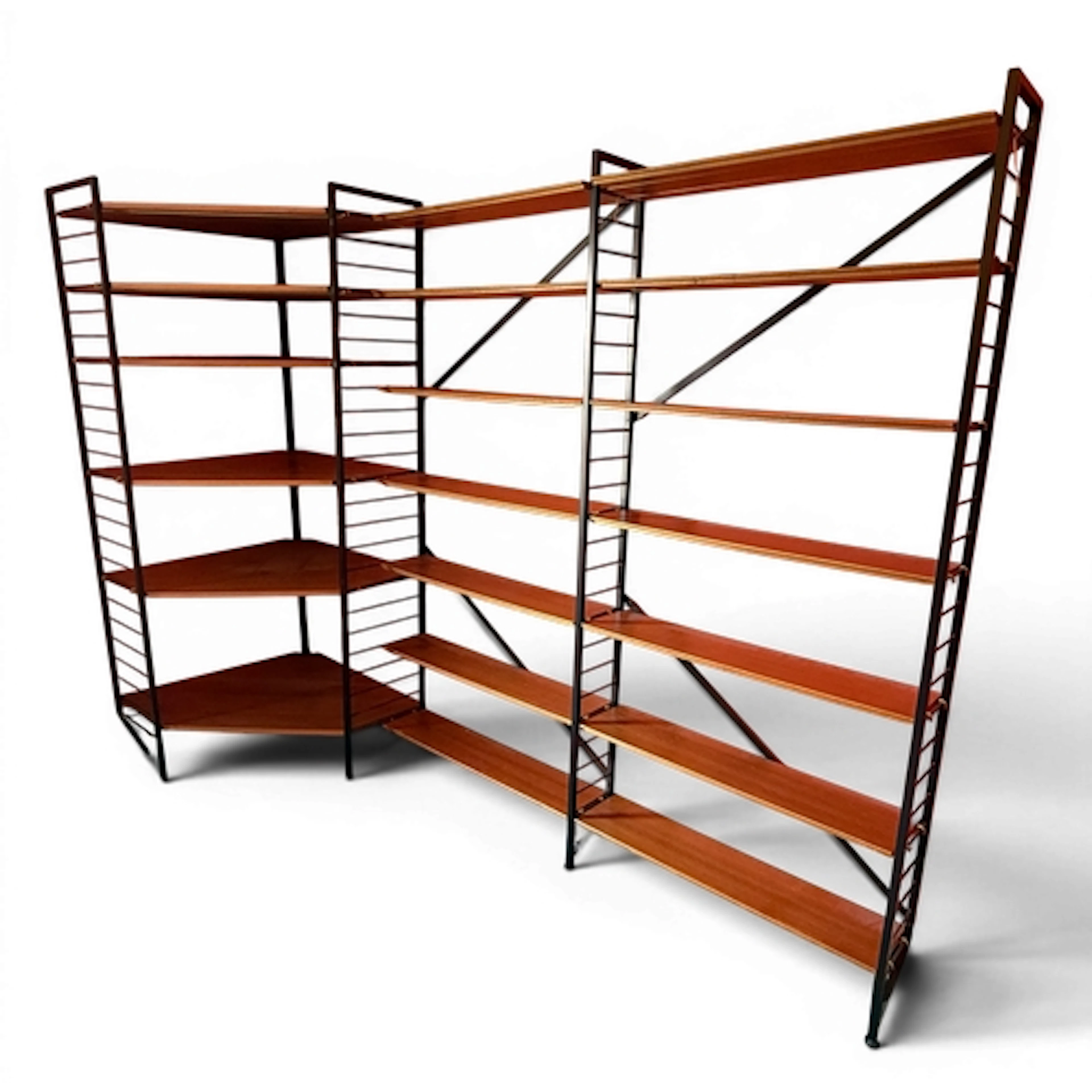 A mid-century teak and black metal Ladderax Staples unit. 20...