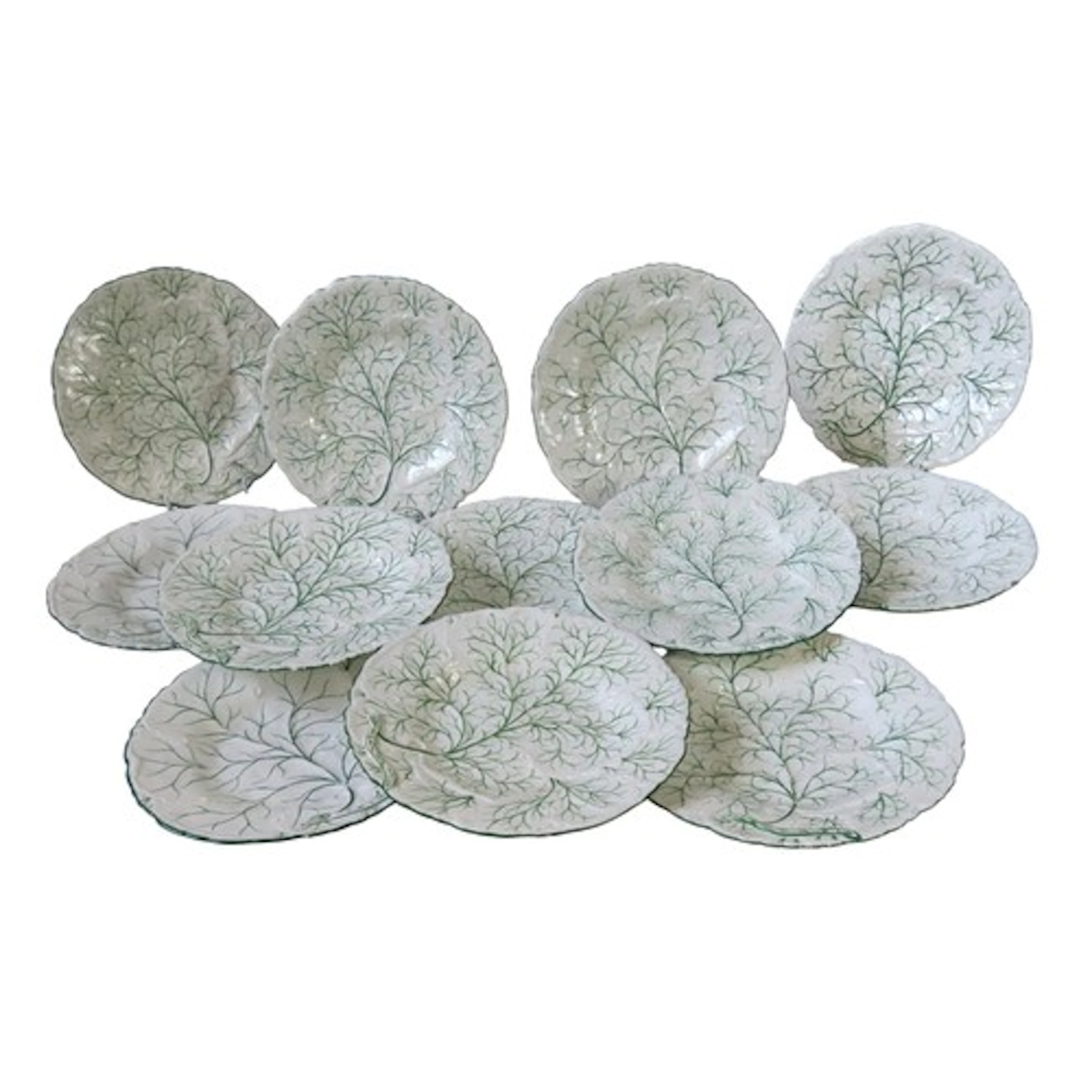 A SET OF TWELVE MEIGH /OLD HALL MOULDED CABBAGE LEAF PLATES ...